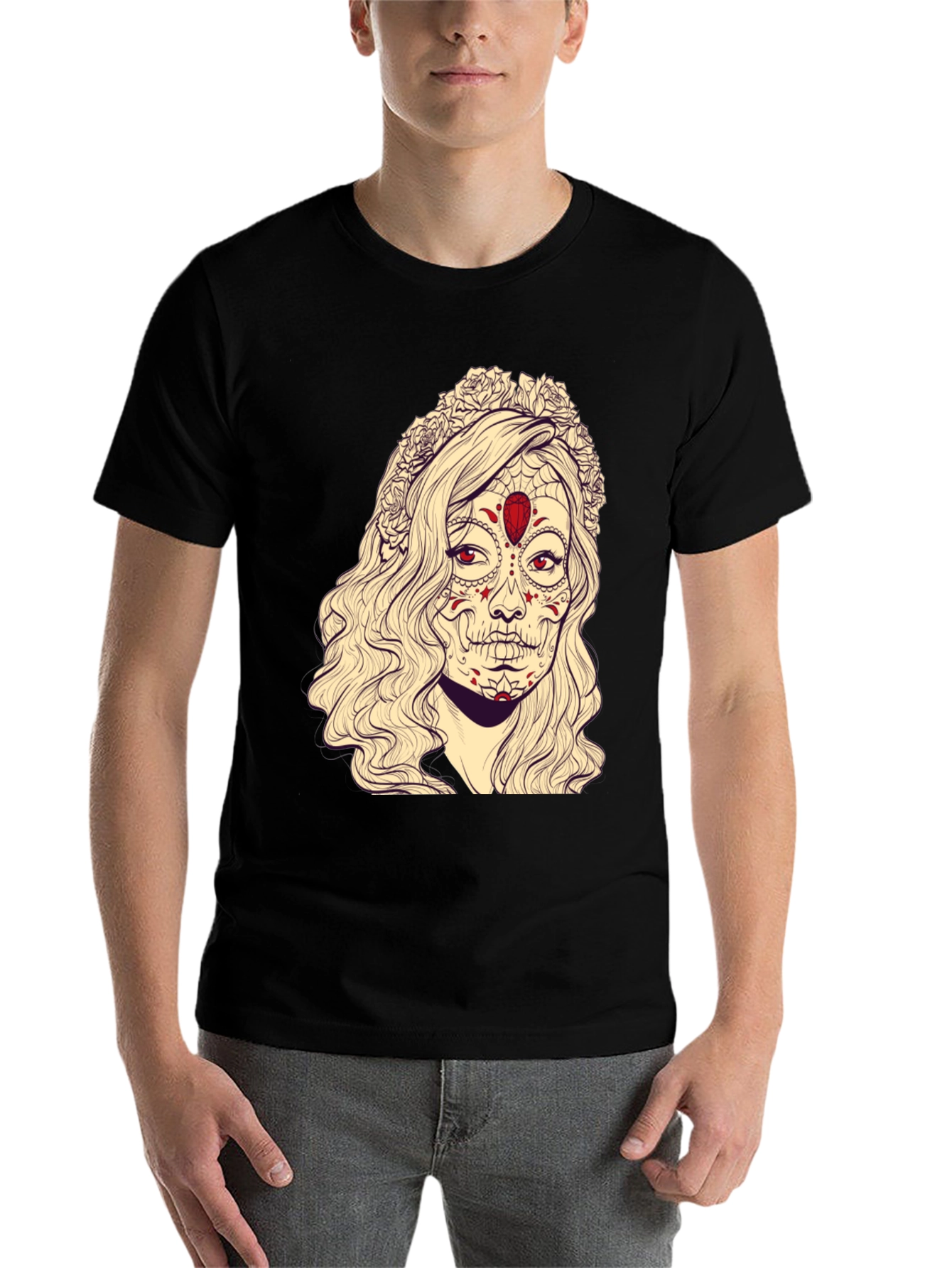 Black Sugar Skull Woman Graphic Tee - Black Cotton T-Shirt view 7