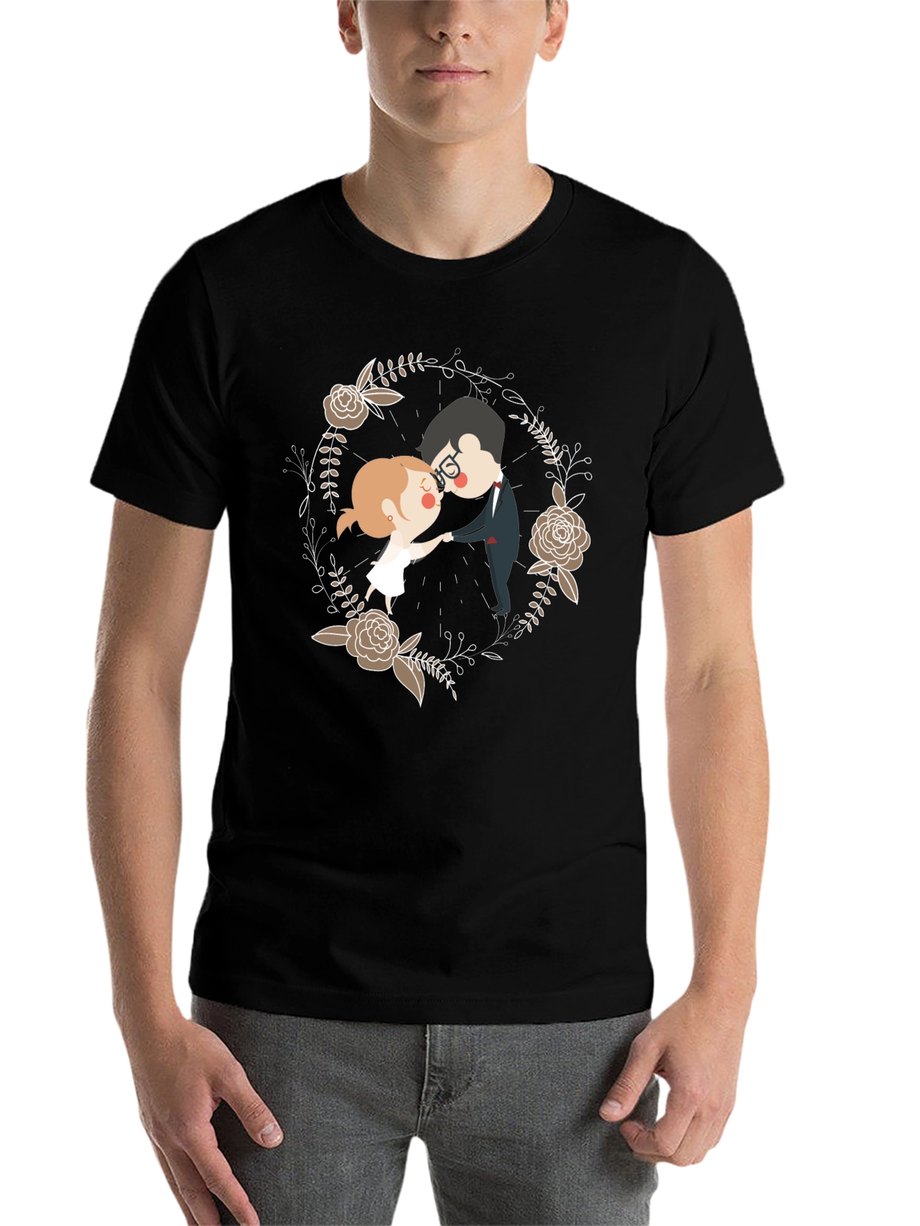 Black Romantic Couple Floral Wreath T-Shirt view 7