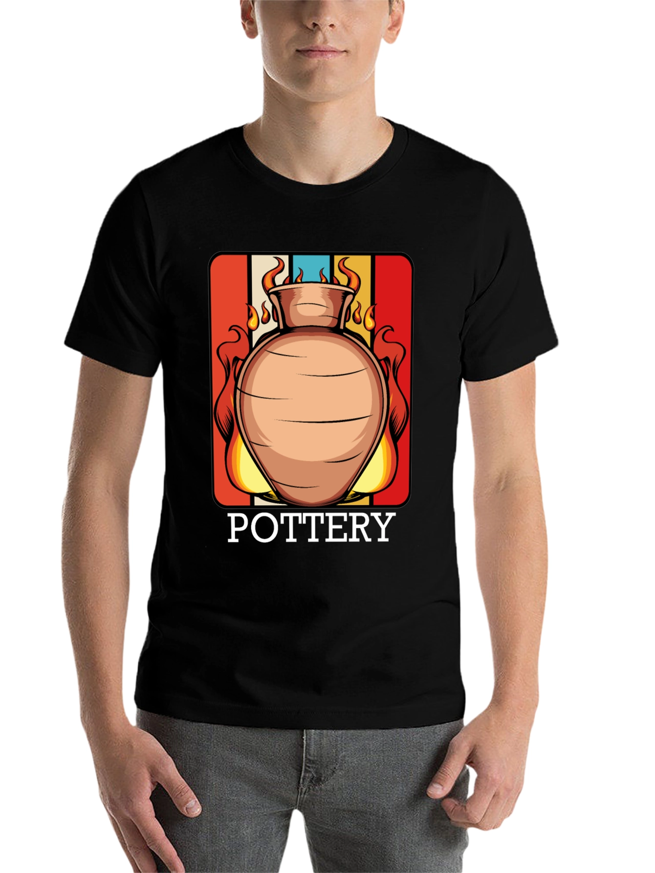 Black Pottery T-Shirt - Retro Clay Vase Design view 7