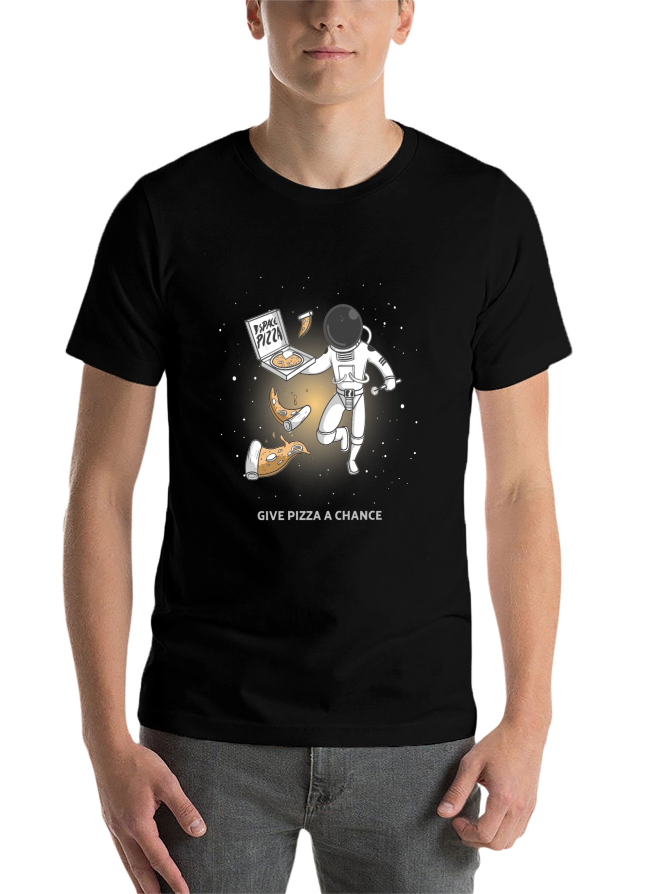 Black Space Pizza T-Shirt - Funny Astronaut Graphic Tee view 7