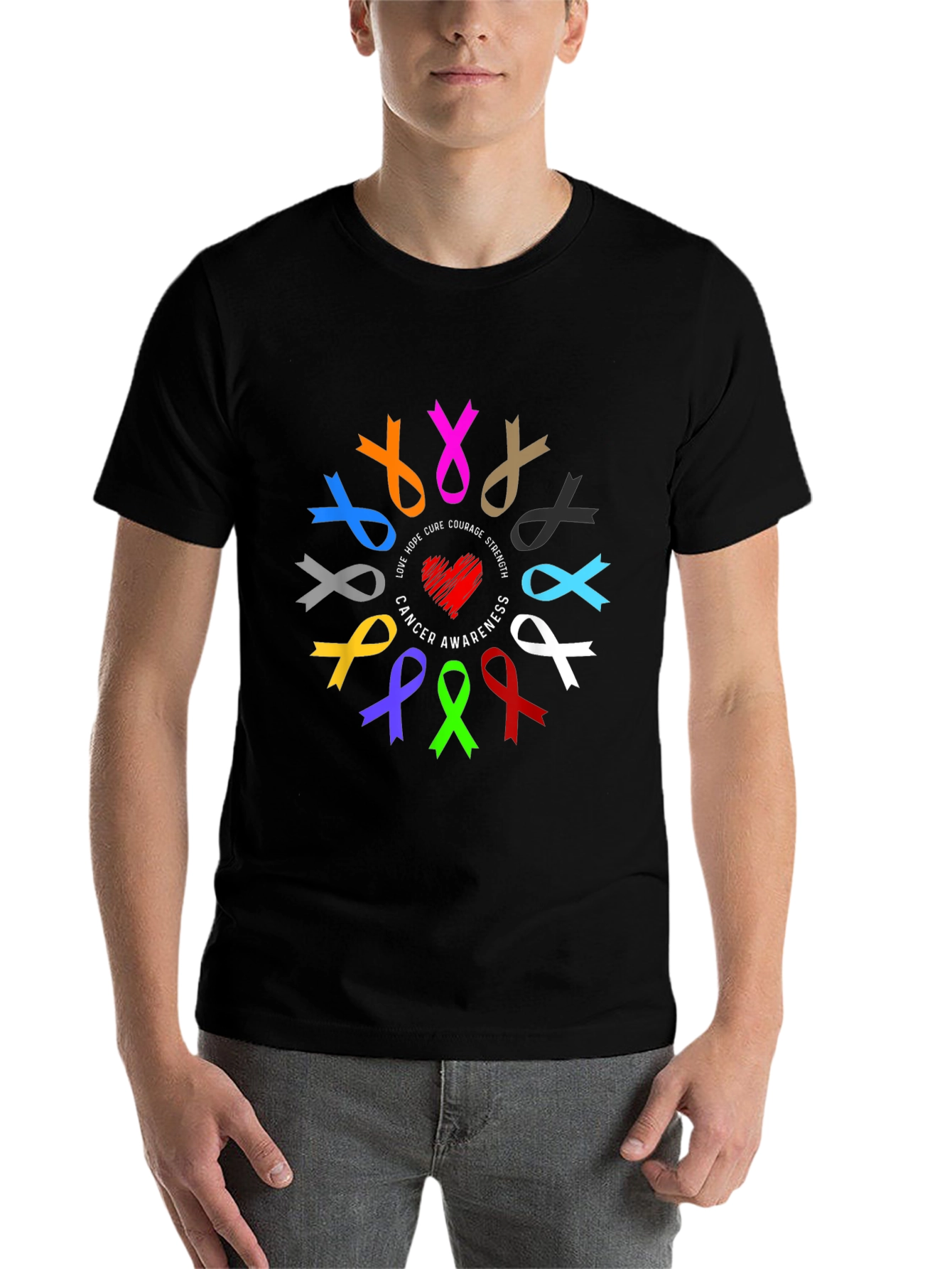 Black Cancer Awareness Ribbon Black T-Shirt view 7
