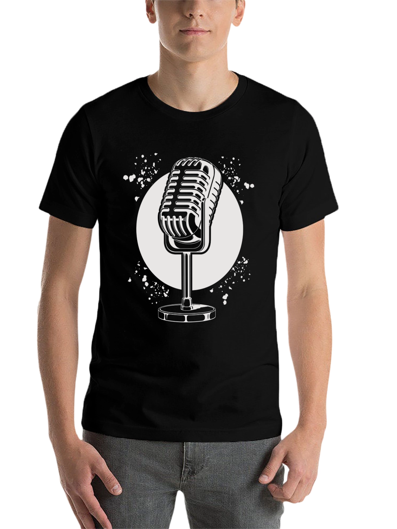 Black Vintage Microphone Graphic Tee - Retro Style Black T-Shirt view 7