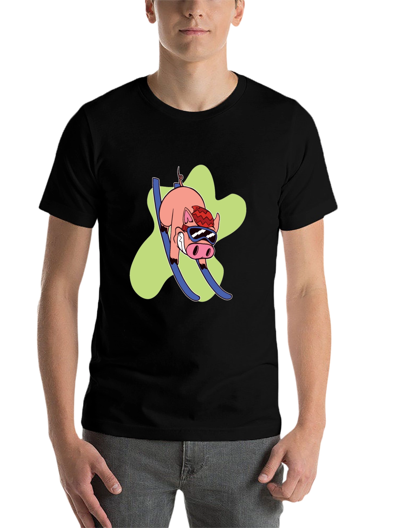 Black Skiing Pig Graphic Tee - Black Crew Neck T-Shirt view 7
