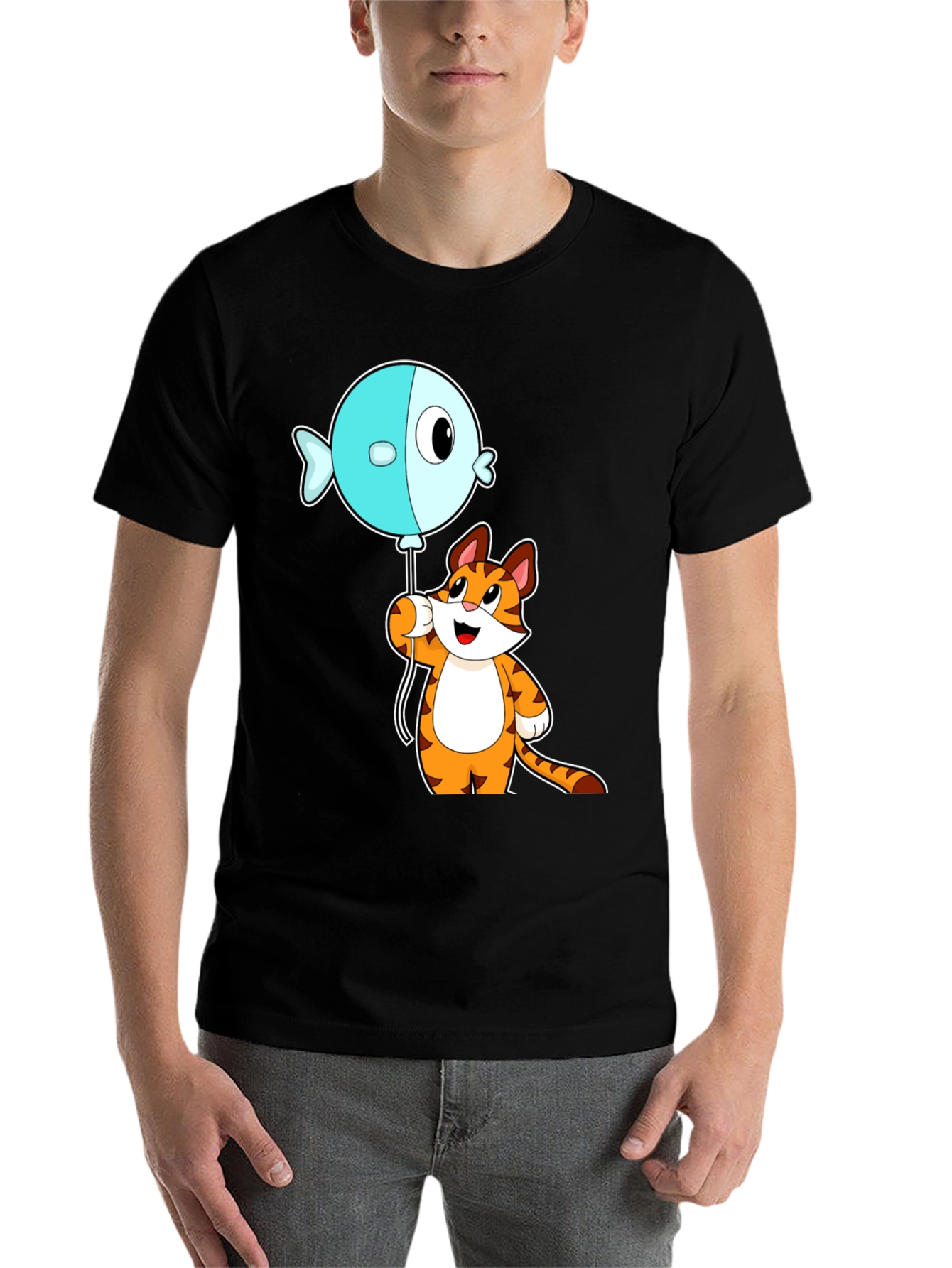 Black Cartoon Cat & Fish Balloon Graphic Tee view 7