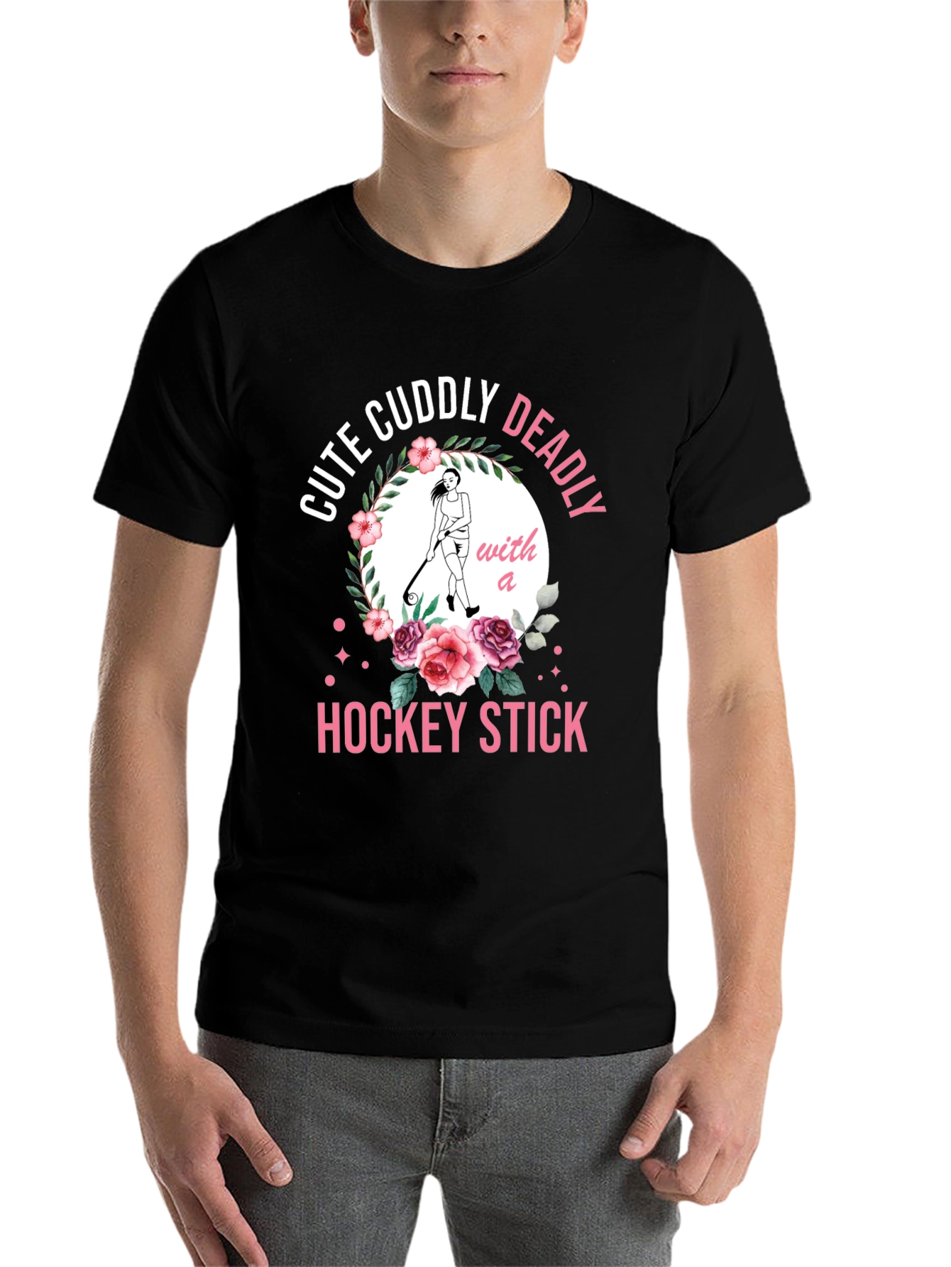 Black Cute Cuddly Deadly Hockey Stick T-Shirt view 7