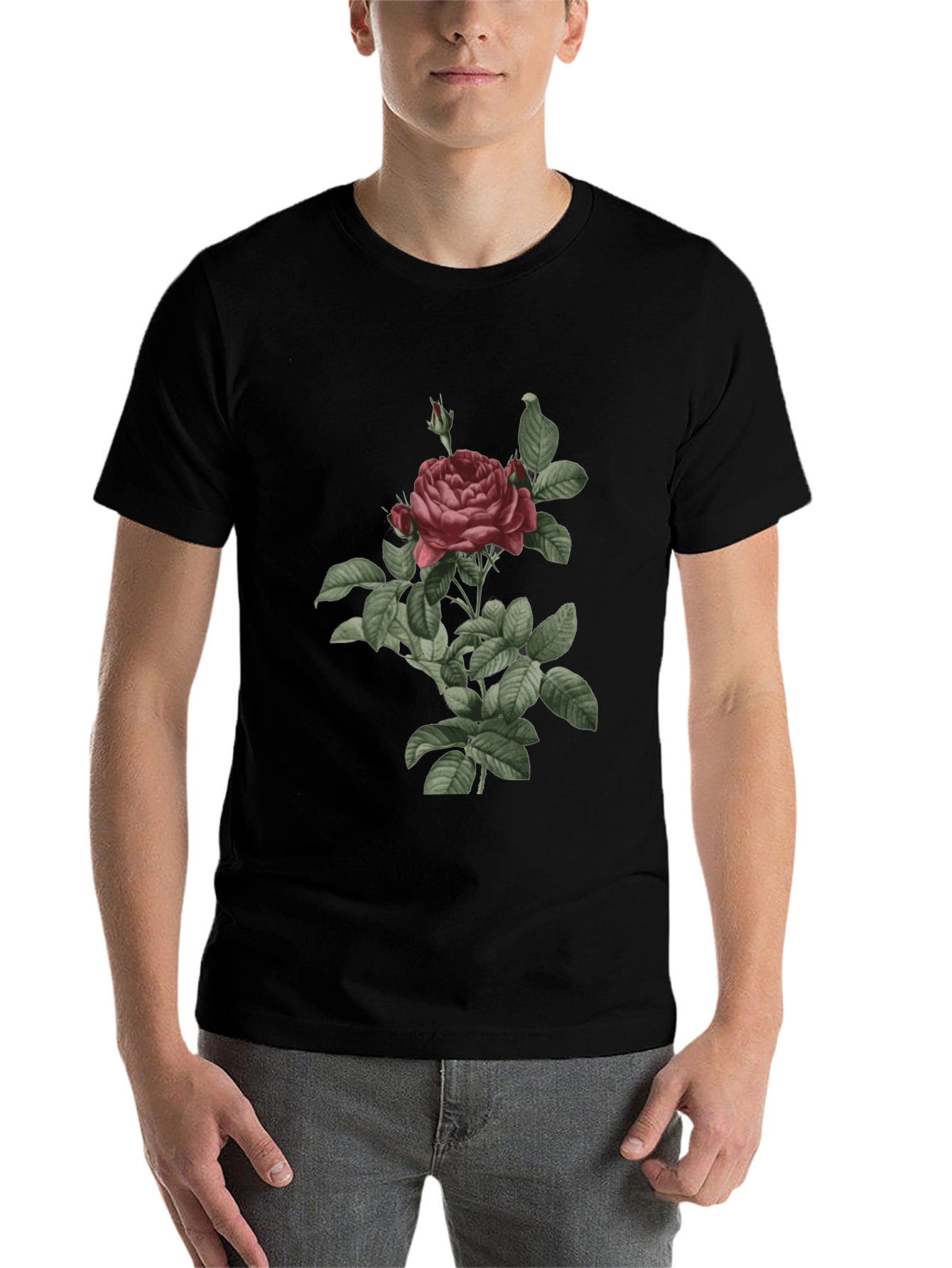 Black Vintage Rose Graphic Tee - Classic Botanical Design view 7