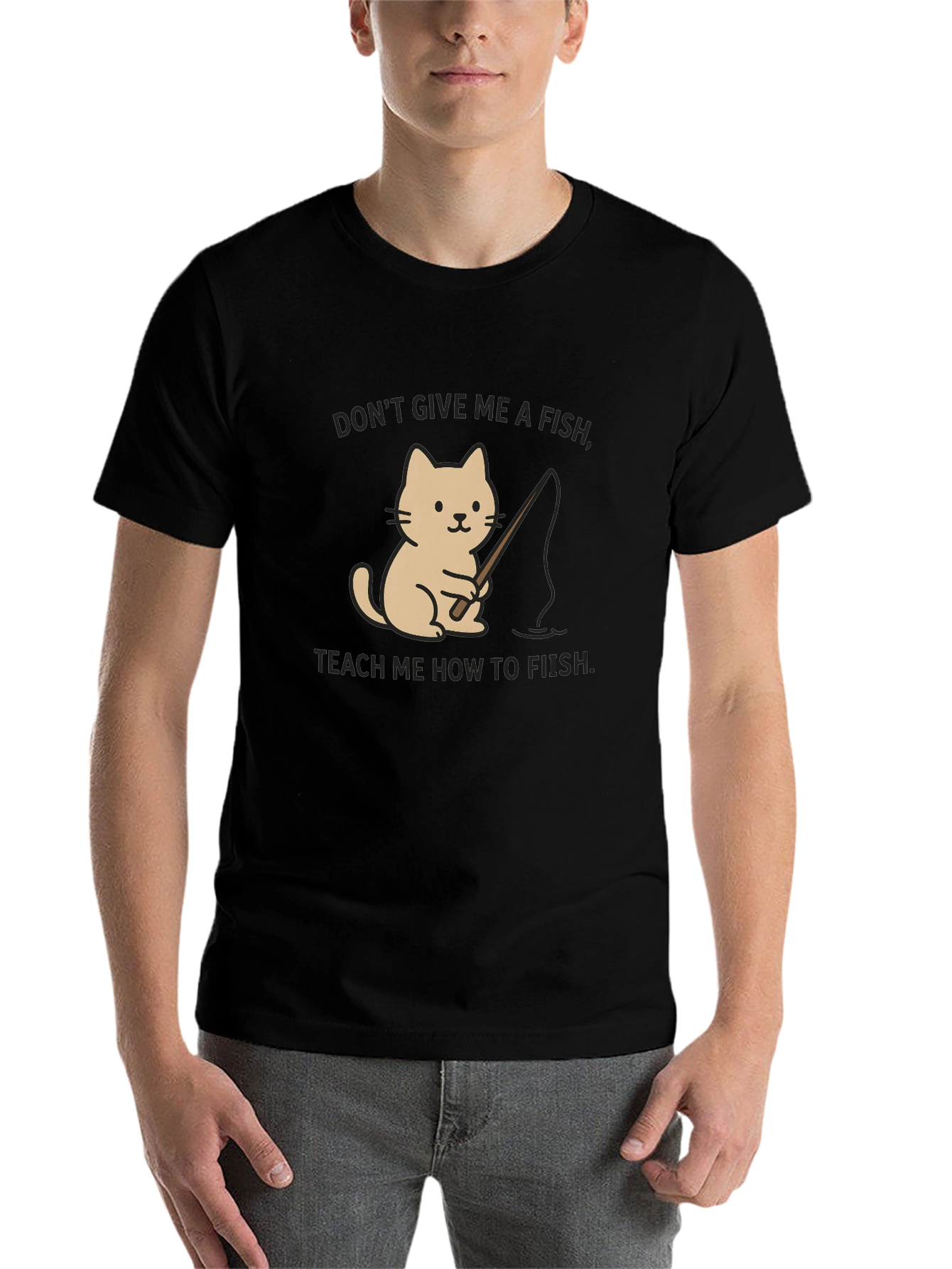 Black Funny Cat Fishing T-Shirt - Teach a Cat to Fish view 7