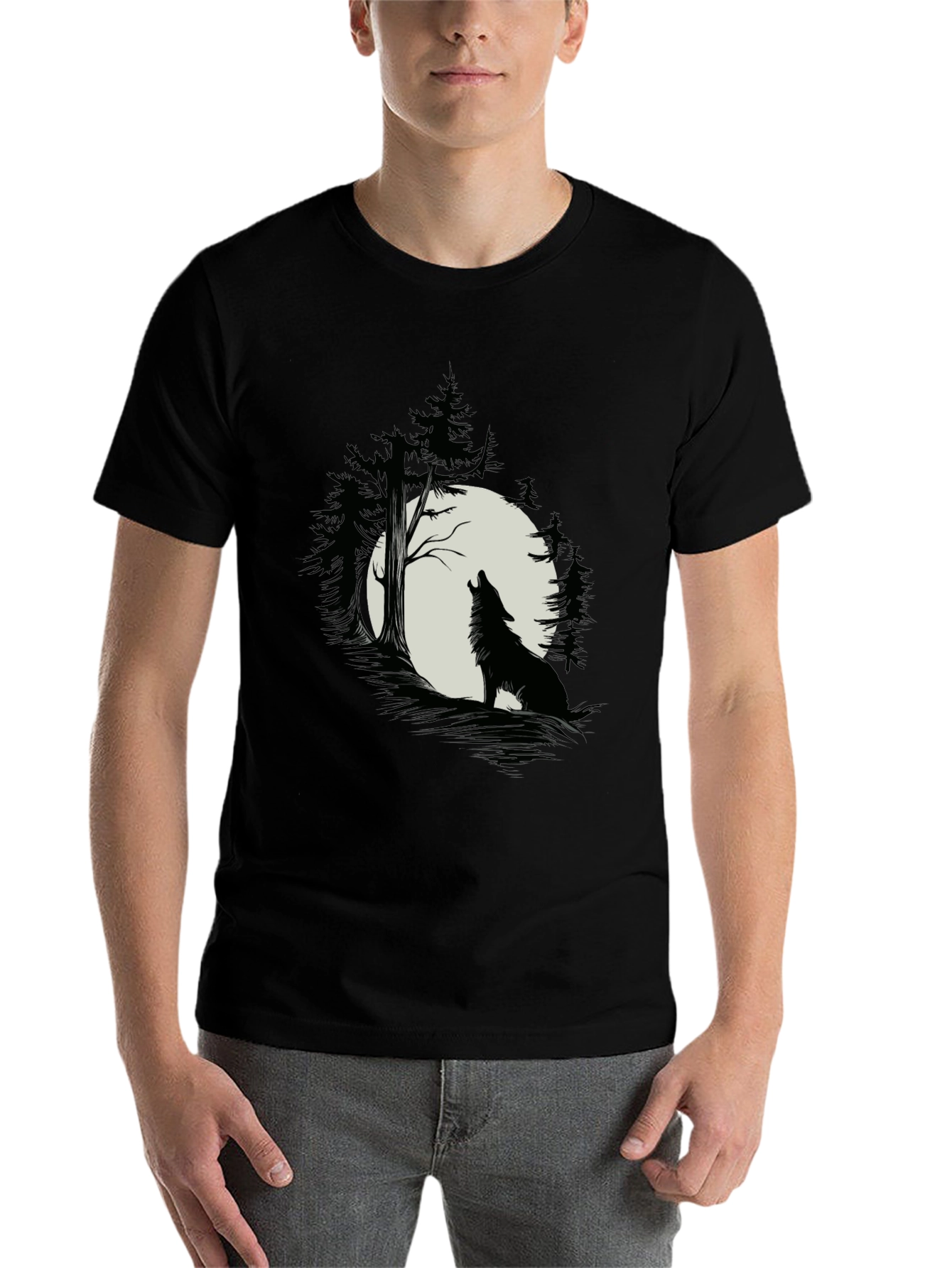 Black Wolf Howling at Moon T-Shirt - Black Cotton Tee view 7