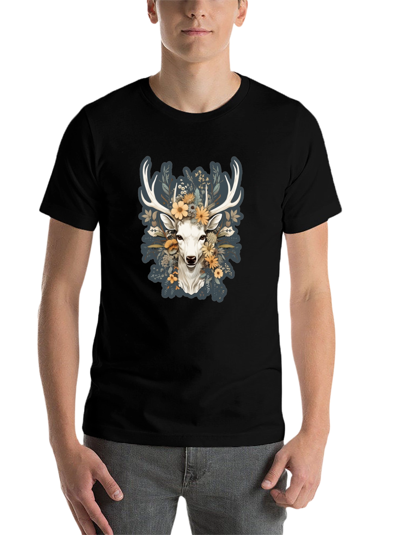 Black Floral Deer Graphic Tee - Nature Inspired Menswear view 7
