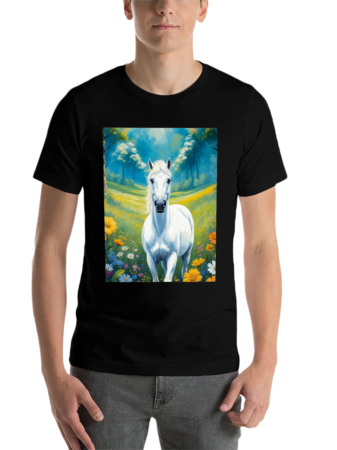 Black White Horse in Meadow Graphic Tee view 7