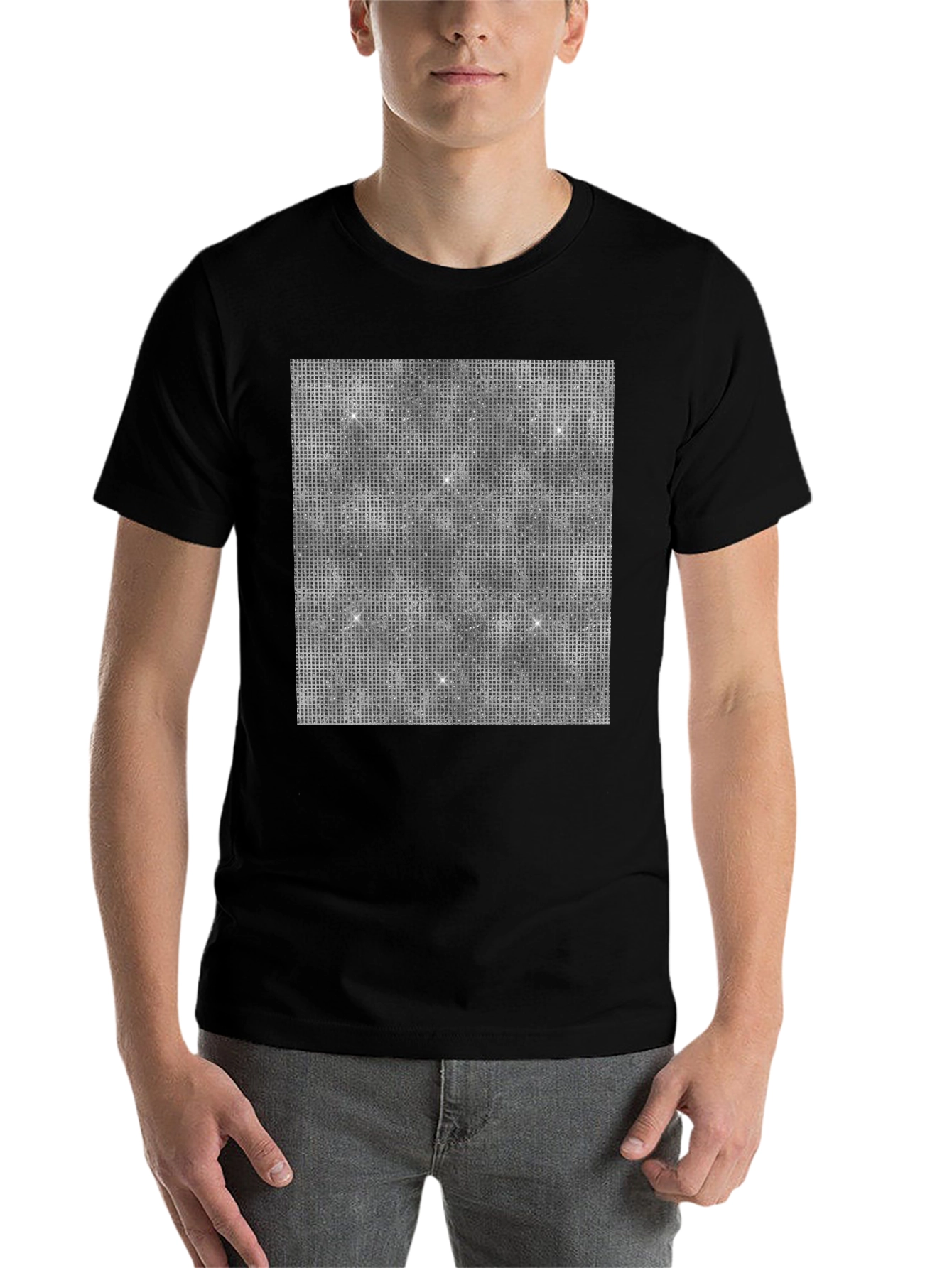 Black Glitter Grid Men's Black T-Shirt view 7