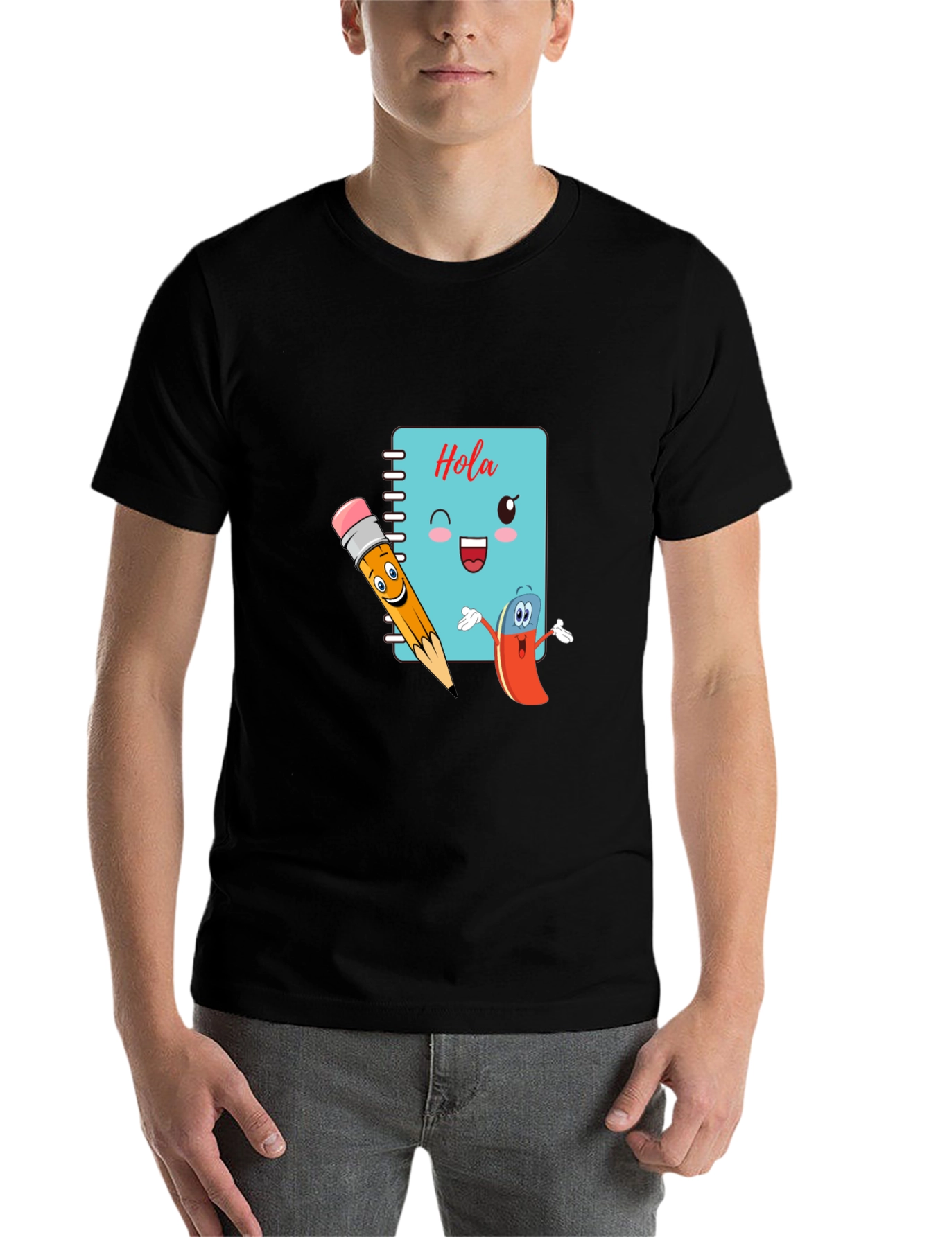 Black Hola Notebook Cartoon Black T-shirt view 7