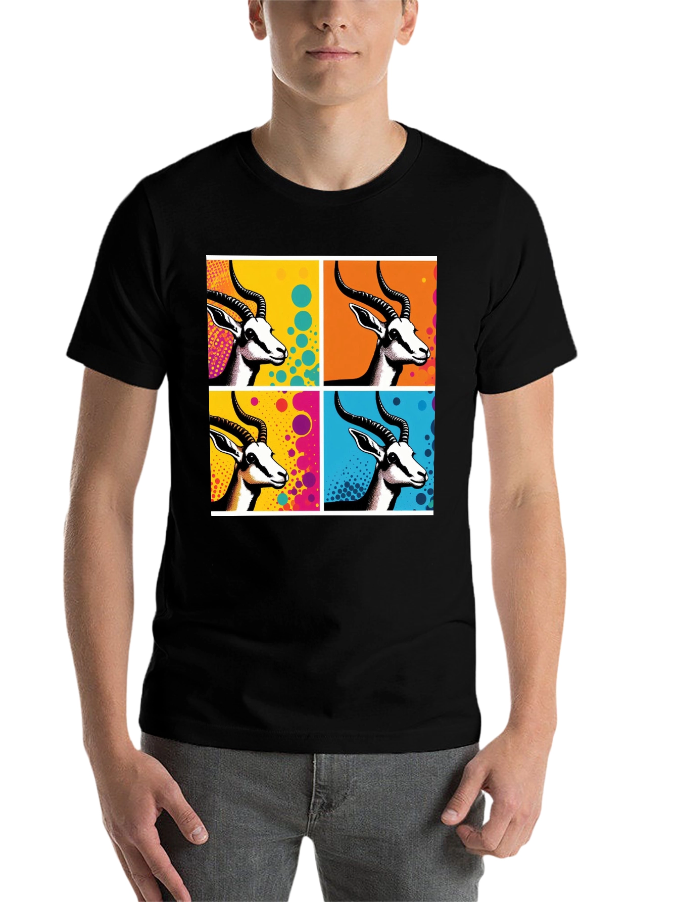 Black Pop Art Gazelle Graphic Tee - Stylish Men's Black T-Shirt view 7