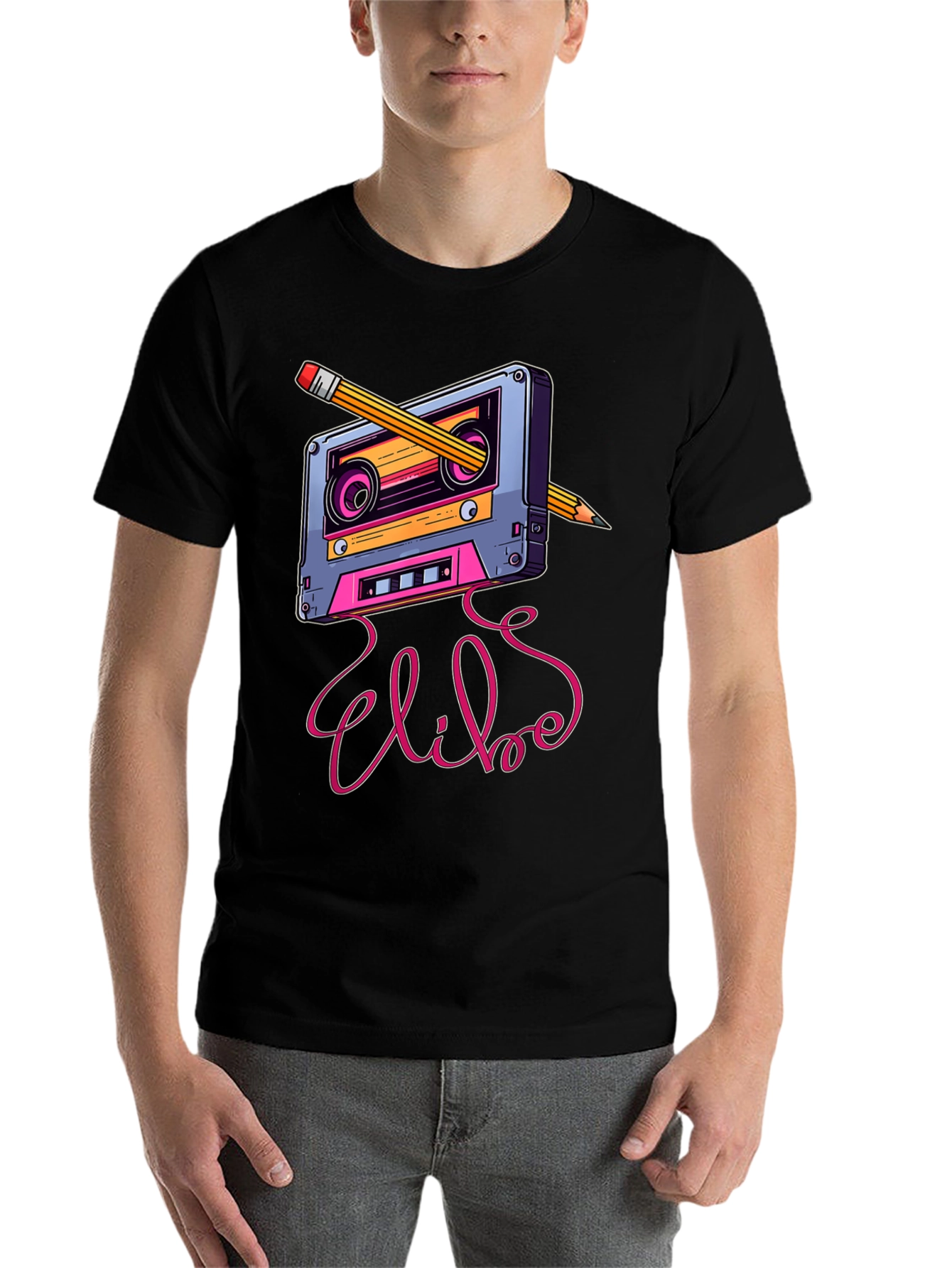 Black Retro Cassette Tape & Pencil Graphic Tee view 7