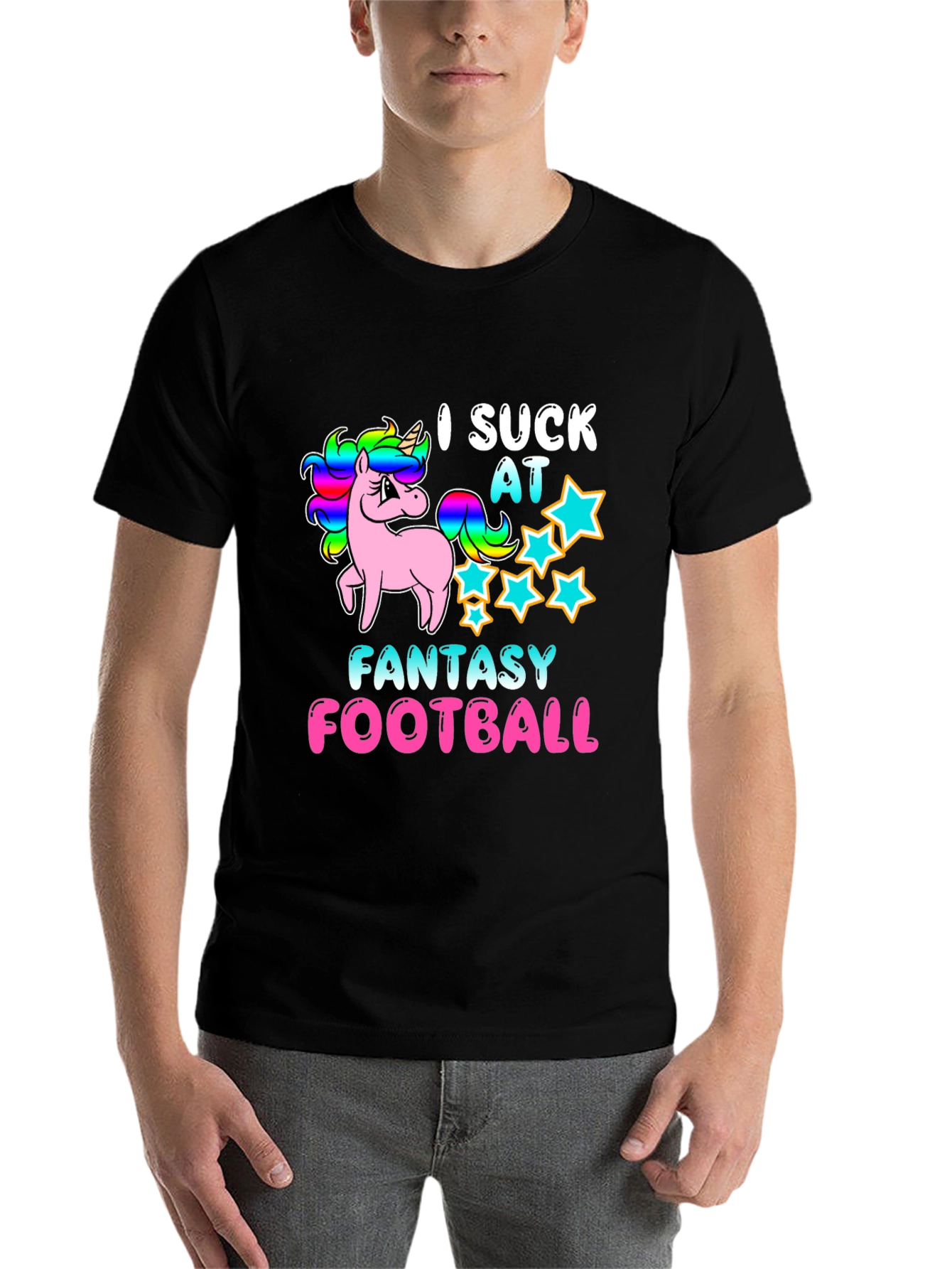 Black I Suck At Fantasy Football Unicorn T-Shirt view 7