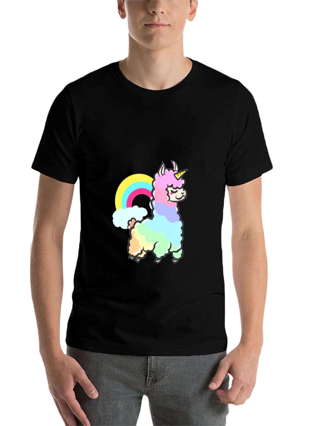 Black Rainbow Llama Unicorn Graphic T-Shirt view 7