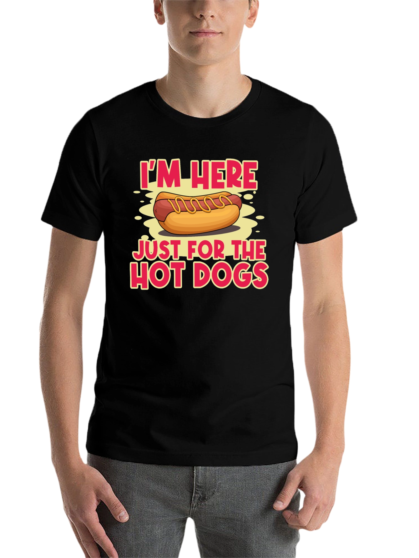Black Hot Dog Lover T-Shirt: I'm Here Just for the Hot Dogs view 7