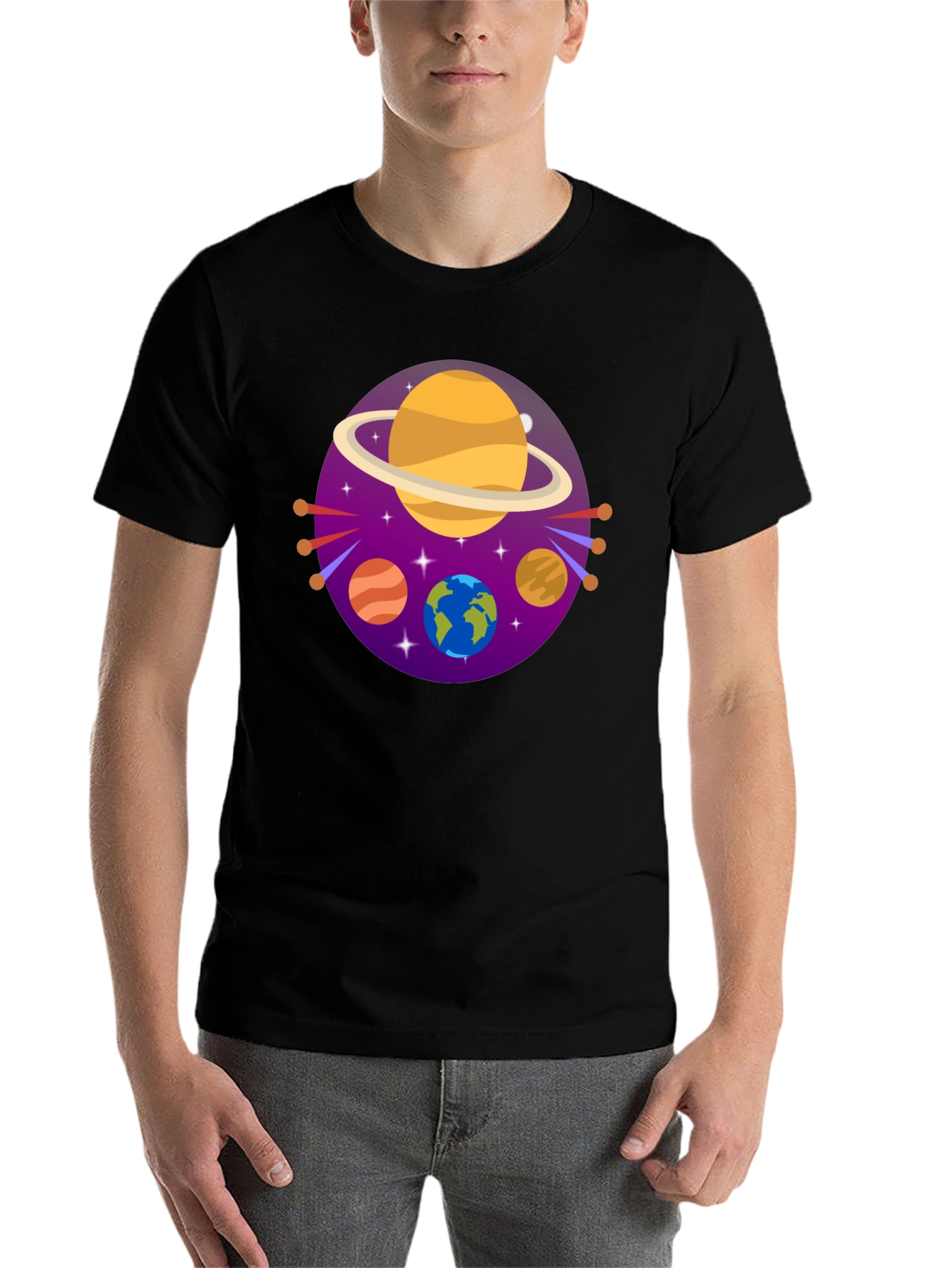 Black Cosmic Planets Graphic Tee - Black Cotton Blend view 7