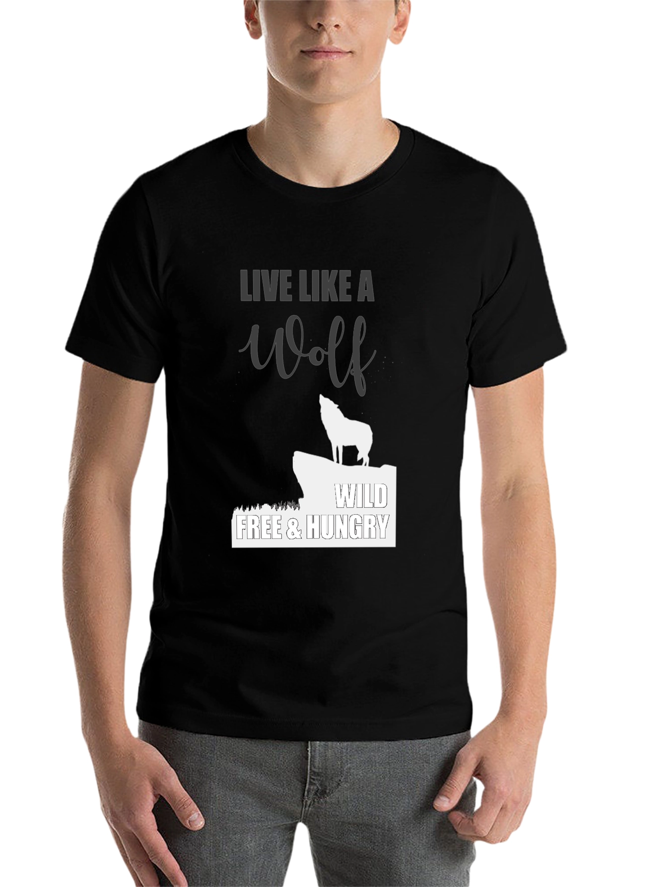 Black Live Like a Wolf Black T-Shirt - Wild, Free, Hungry view 7