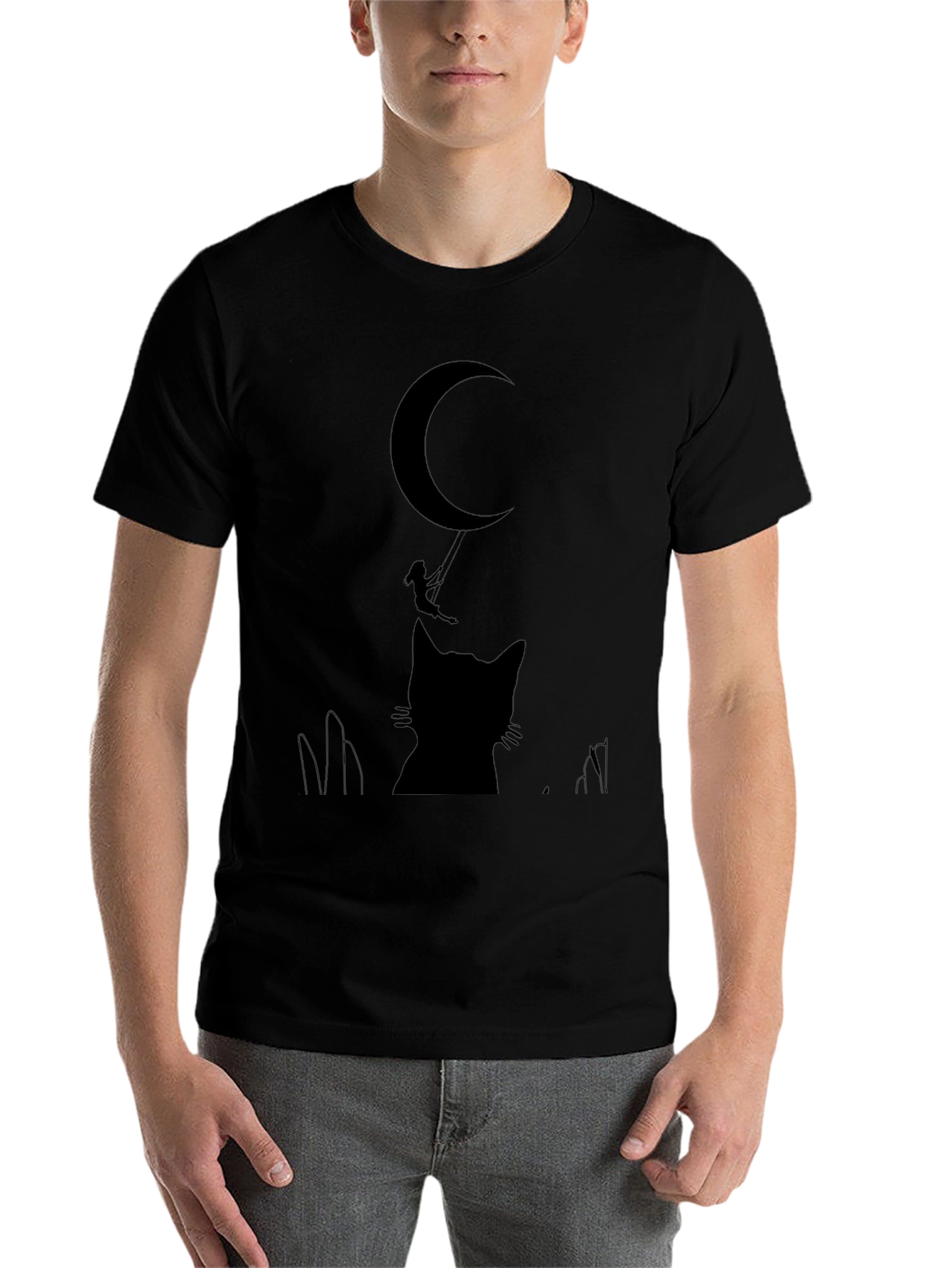 Black Whimsical Cat & Moon Graphic Tee - Black Cotton Blend view 7