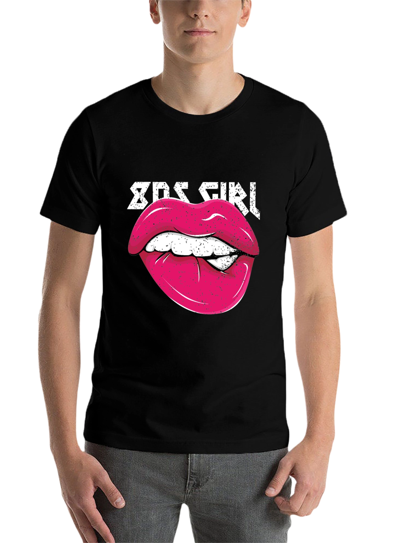 Black 80s Girl Lips Graphic Tee - Retro Style Shirt view 7