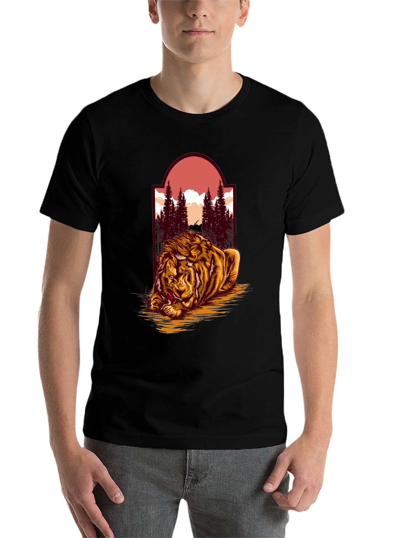 Black Lion & Landscape Graphic Tee - Unique Design view 7