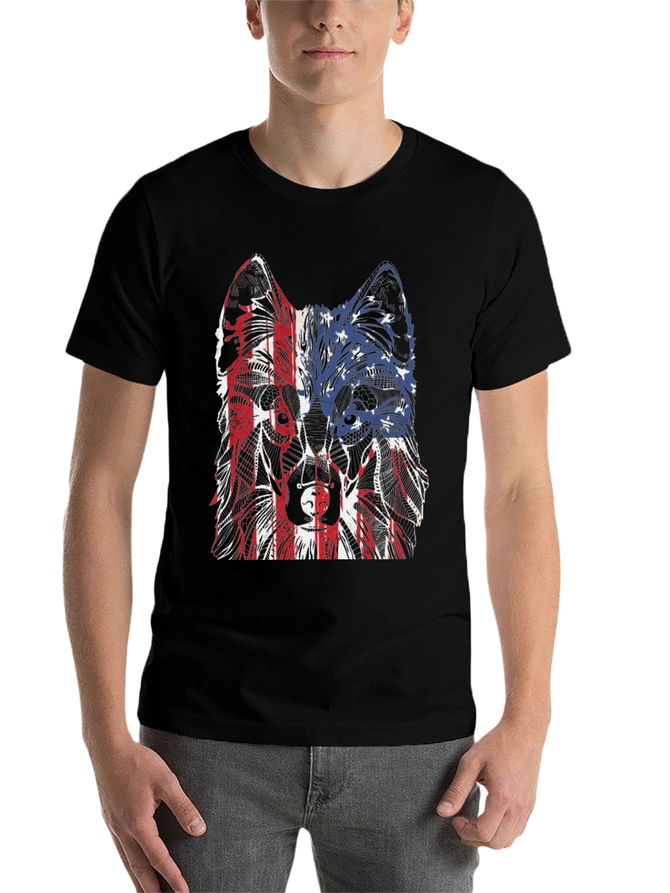 Black Patriotic Wolf Graphic Tee - Unisex Black T-Shirt view 7