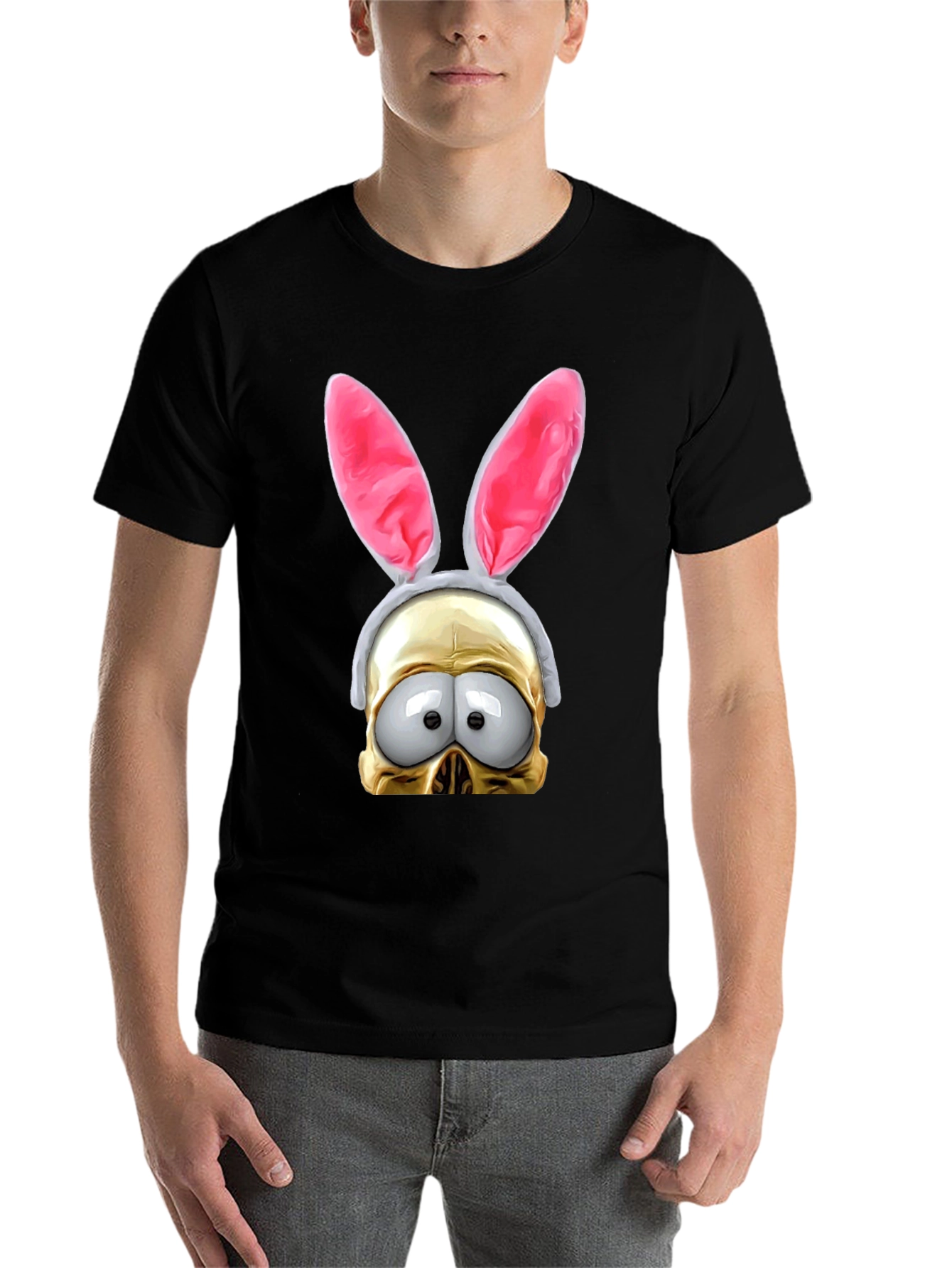 Black Humorous Bunny Skull Graphic T-Shirt view 7
