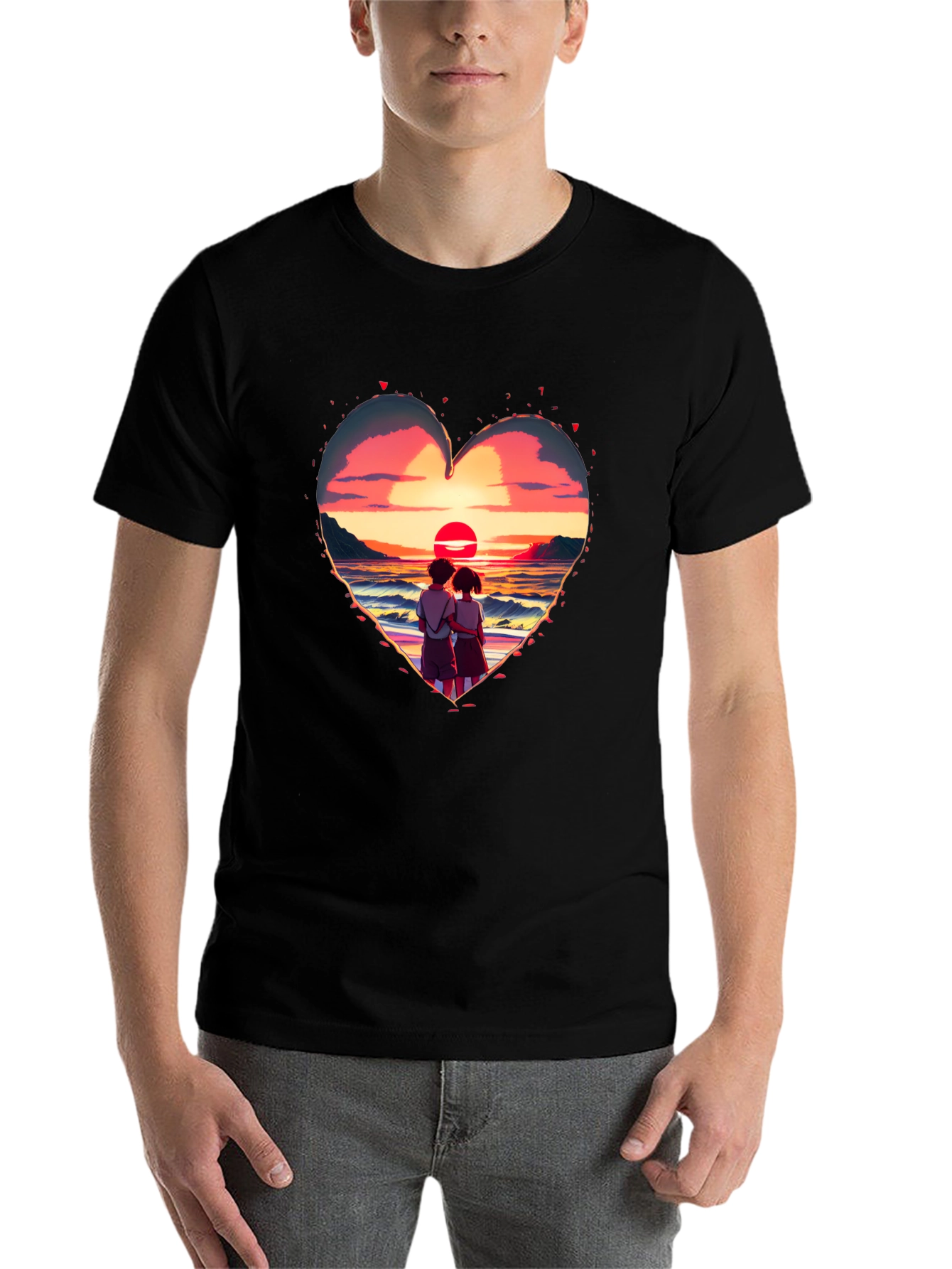 Black Sunset Lovers Heart Graphic Tee - Romantic Style view 7