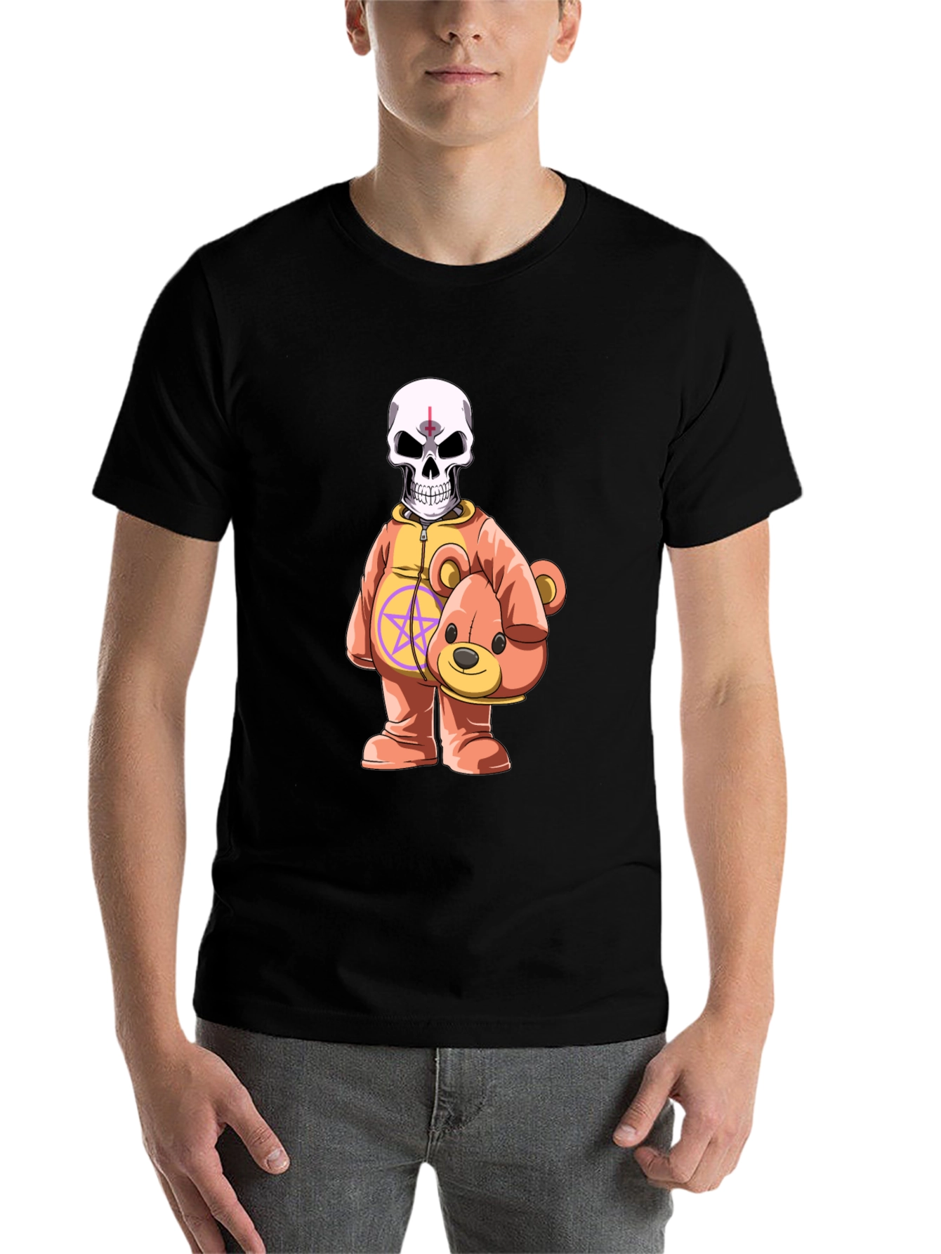 Black Skull Teddy Bear Graphic Tee - Edgy Novelty Shirt view 7