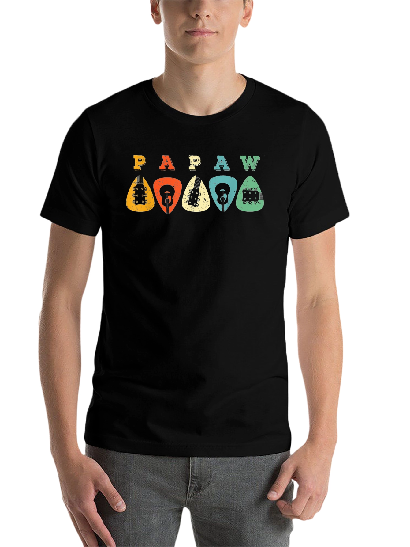 Black Retro PAPAW Guitar Pick T-Shirt view 7