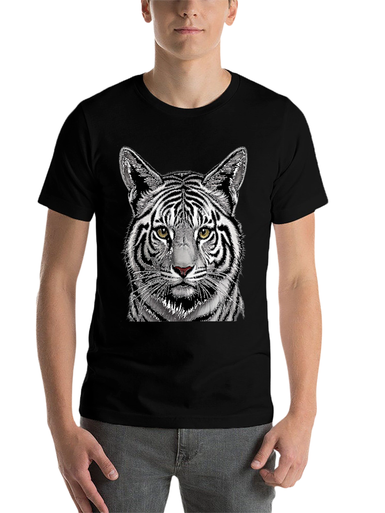 Black White Tiger Graphic Print Black T-Shirt view 7