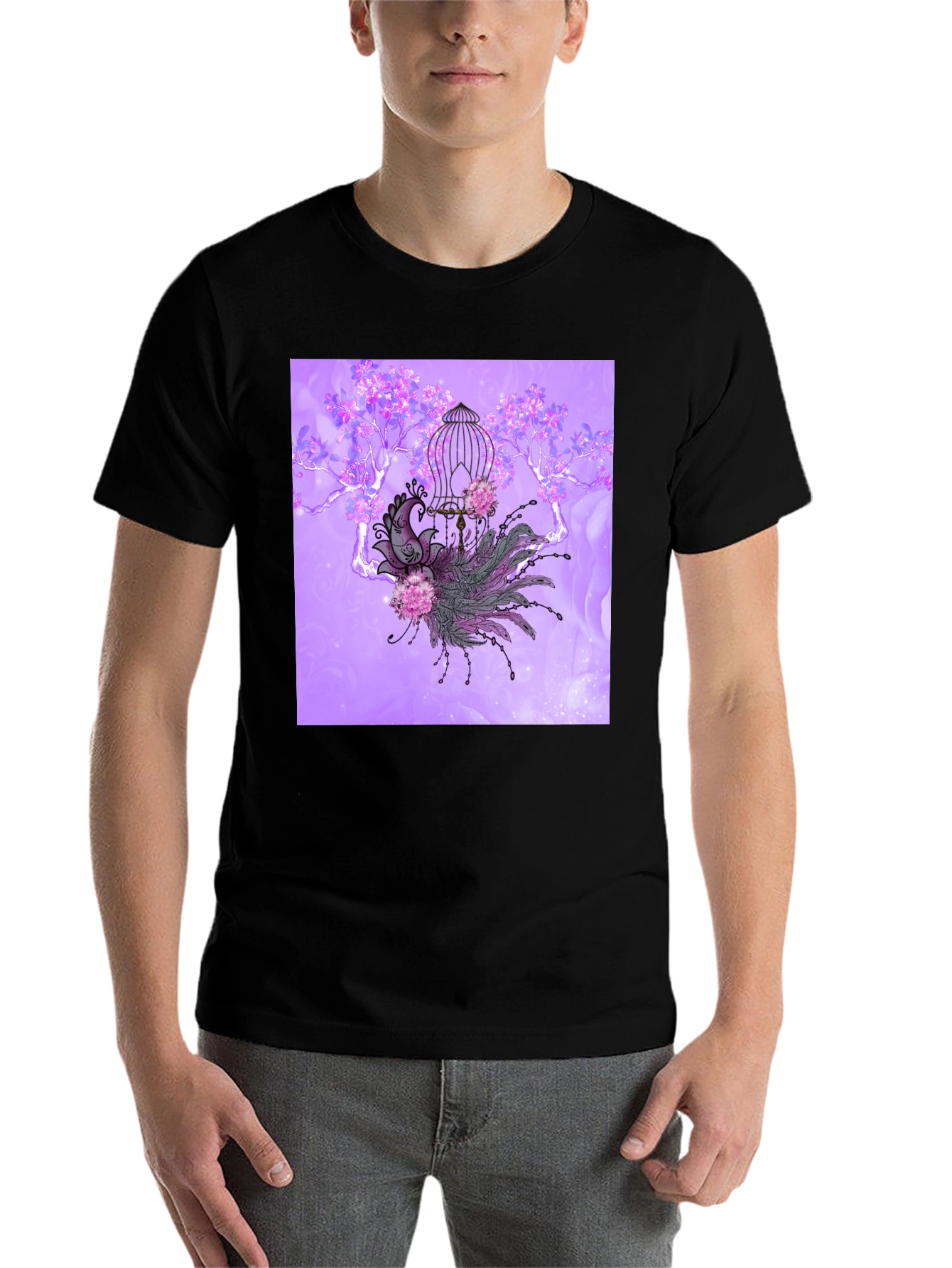 Black Elegant Peacock Cage Graphic T-Shirt view 7