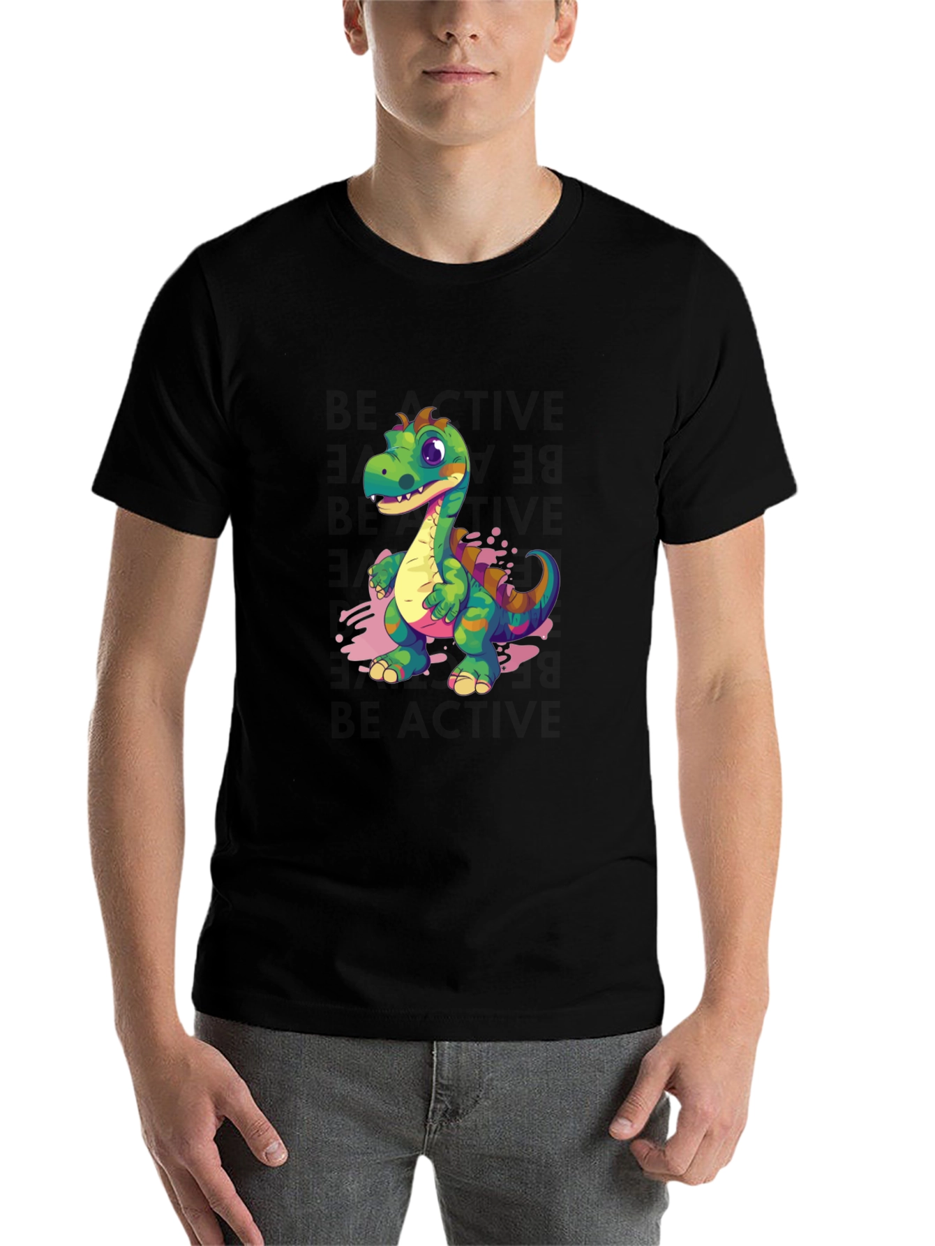 Black Cartoon Dinosaur Graphic Tee - Black view 7