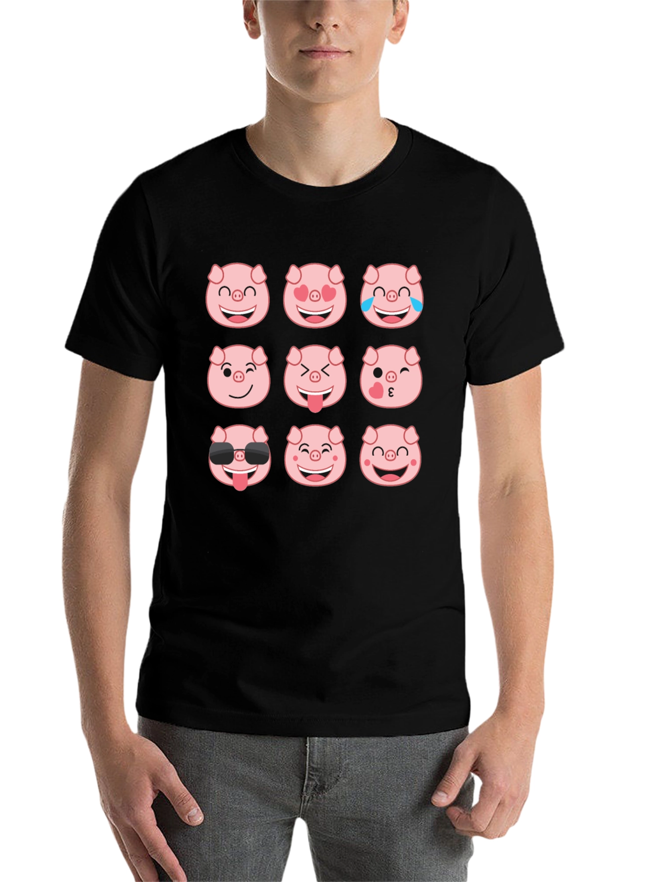 Black Pig Emoji T-Shirt - Black Cotton Crew Neck Tee view 7