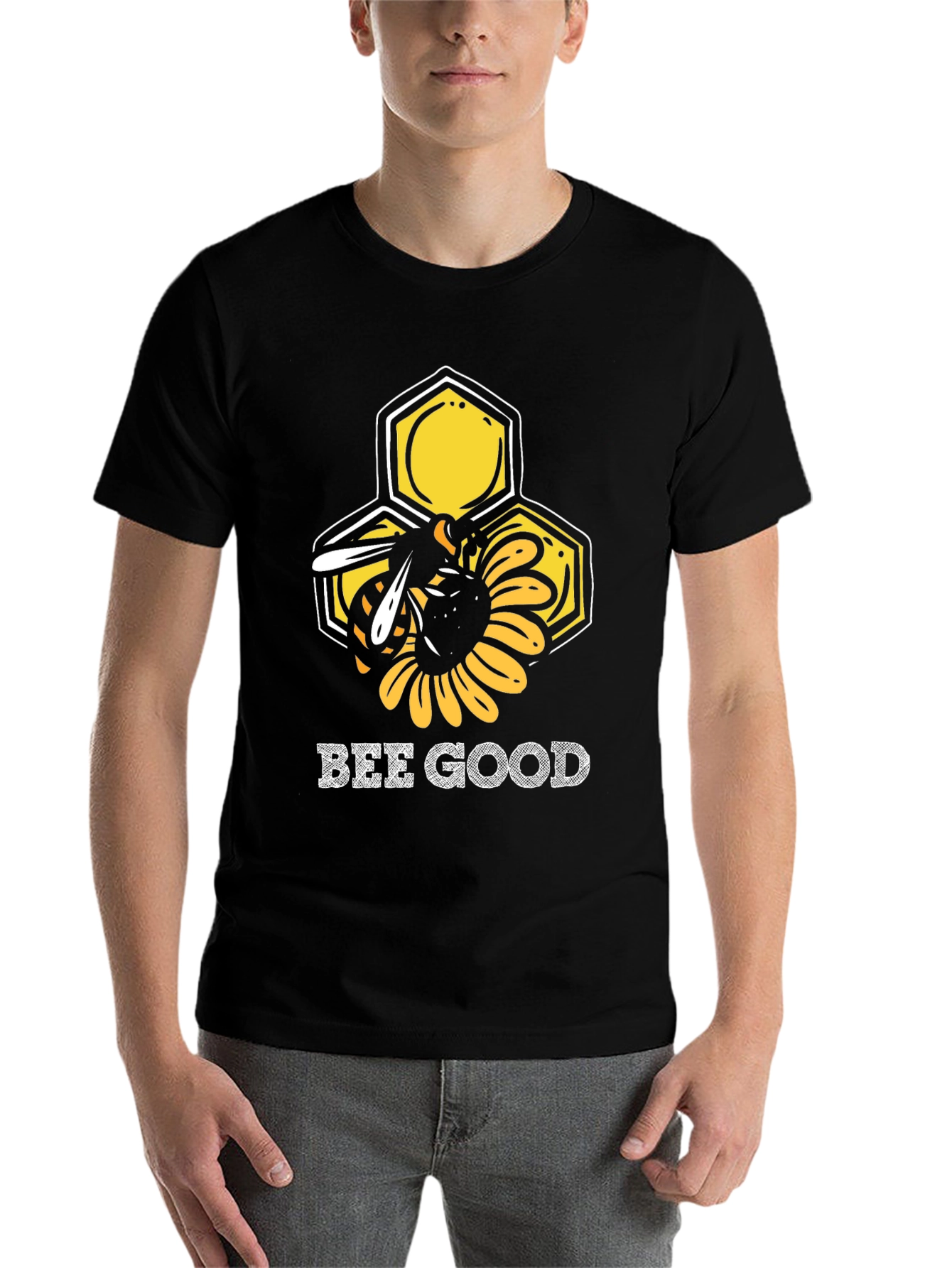 Black Bee Good Graphic T-Shirt - Honeycomb & Sunflower Design view 7