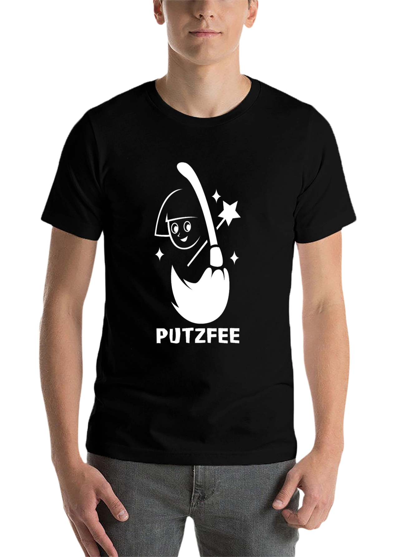 Black Putzfee Cartoon Broom T-Shirt - Black Graphic Tee view 7