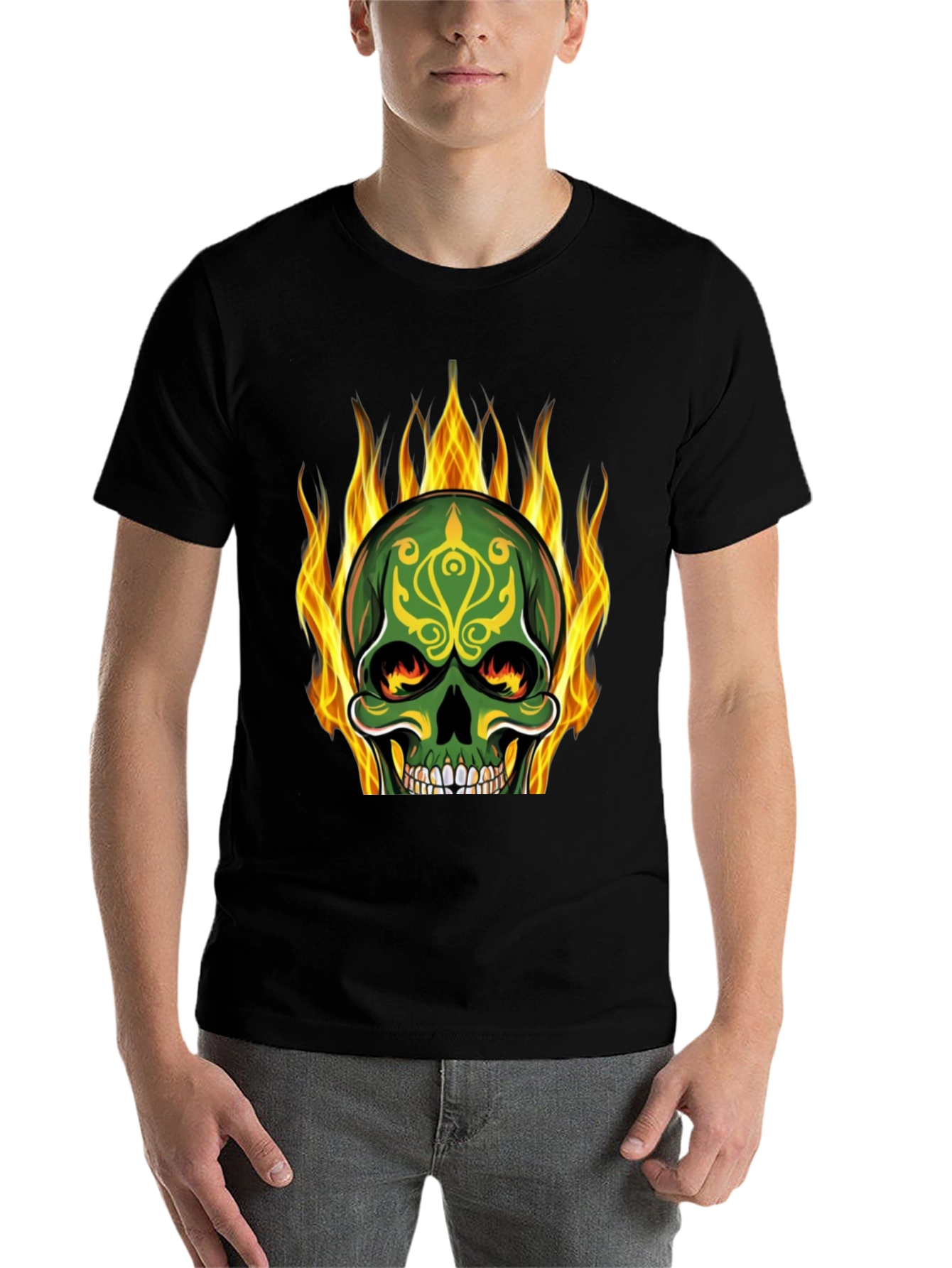 Black Flaming Skull Graphic Tee - Black Cotton T-Shirt view 7