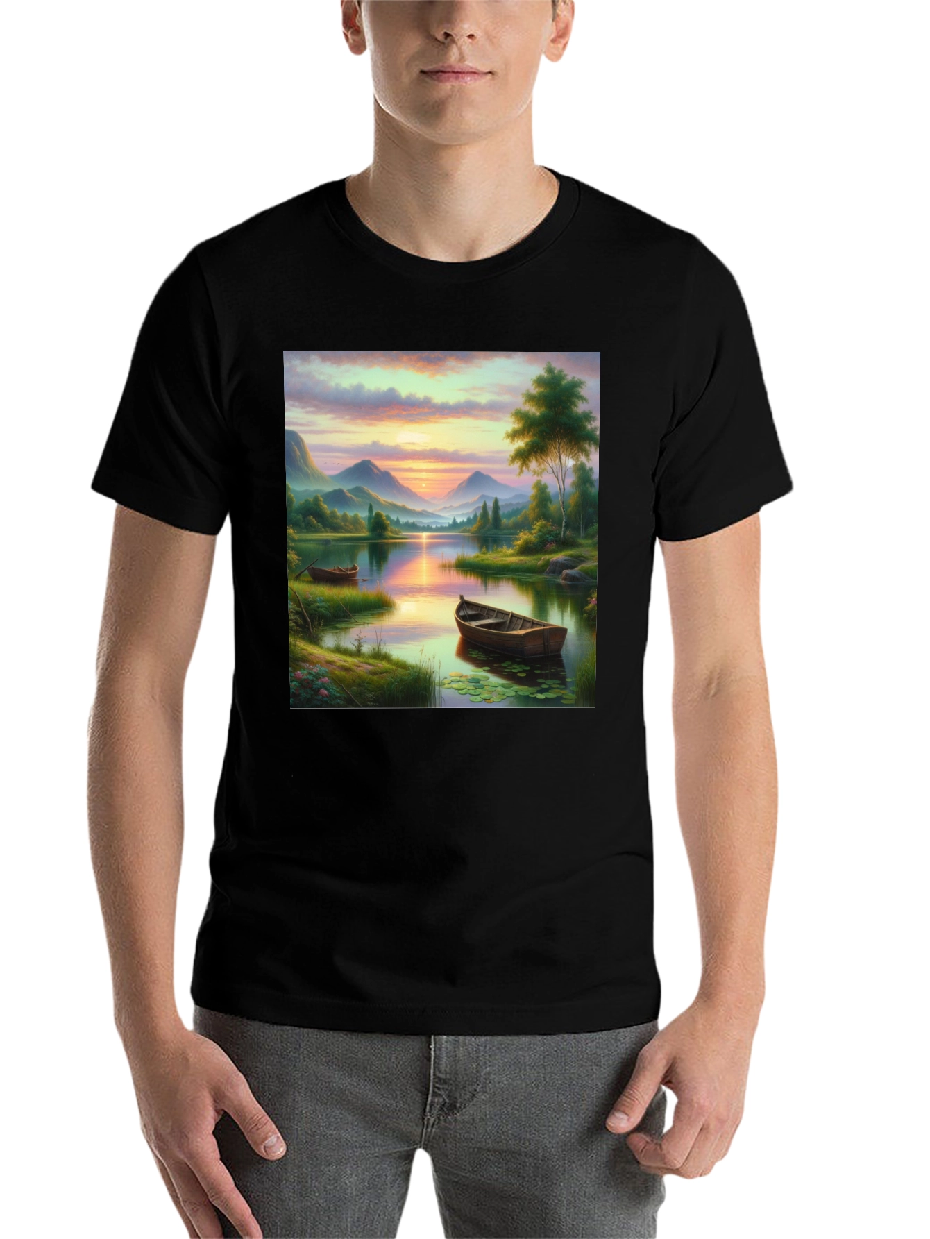 Black Lake Sunset Boat T-Shirt - Artistic Graphic Tee view 7