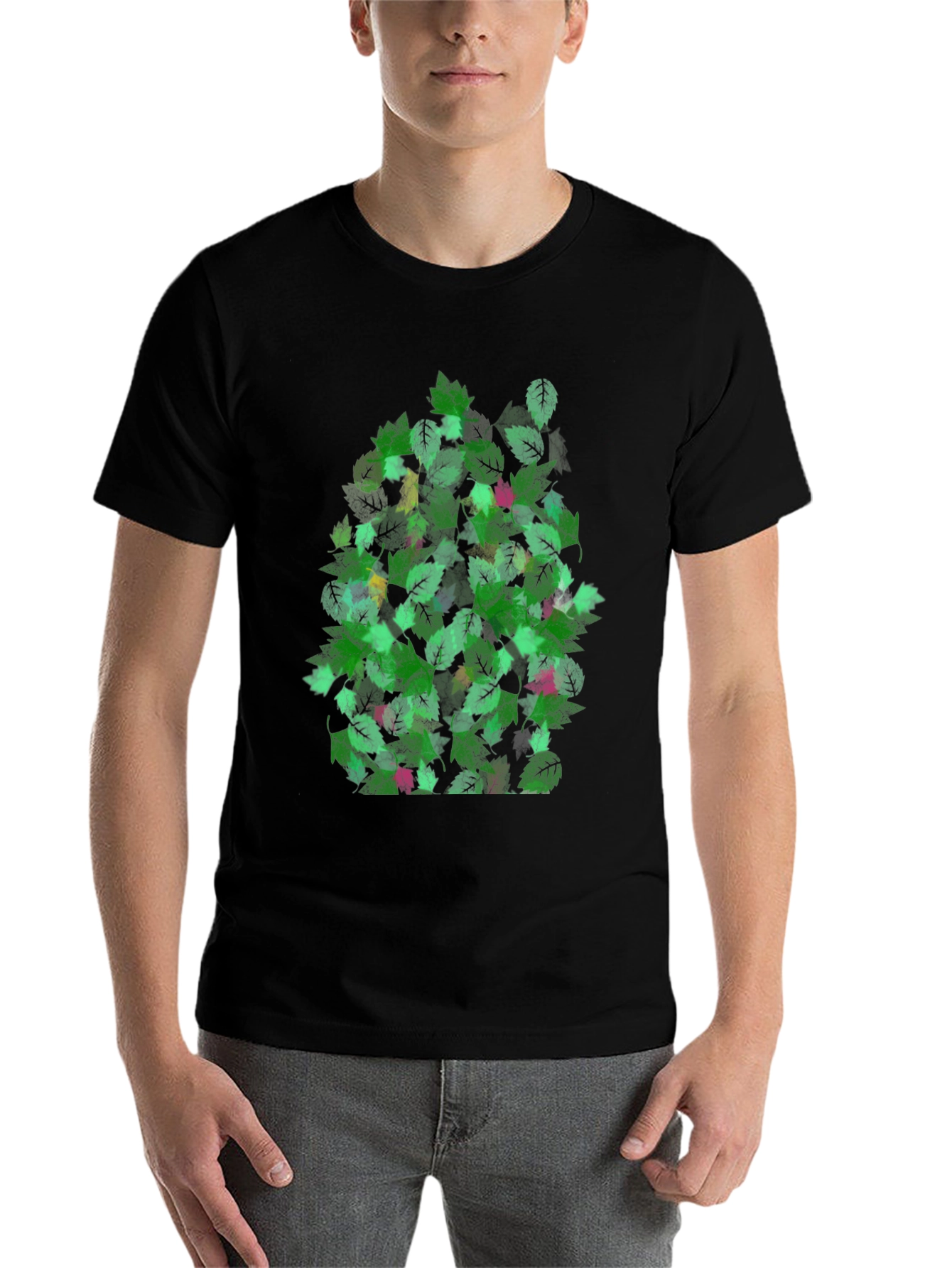 Black Leaf Pattern Black T-Shirt view 7