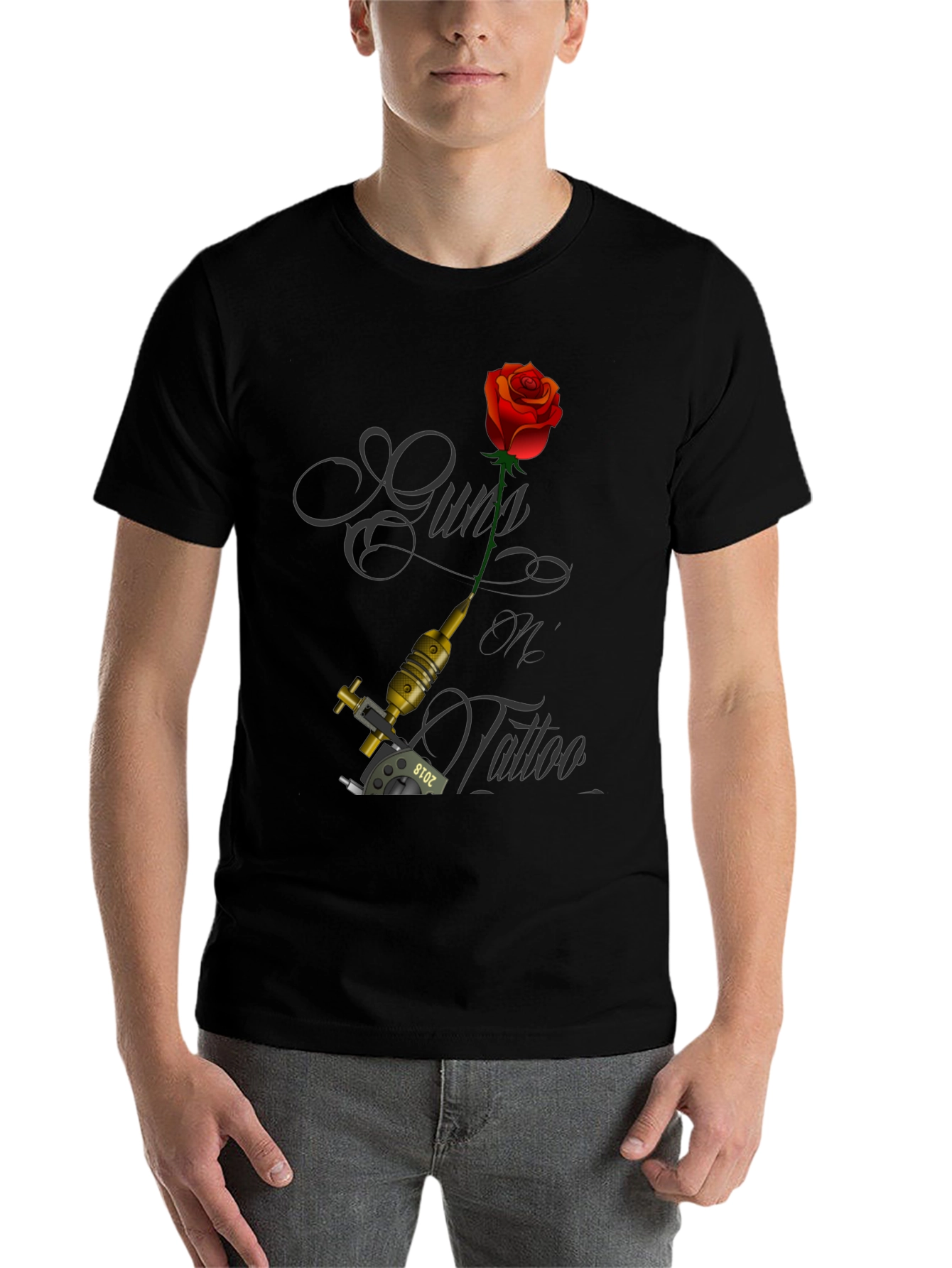 Guns Oil Tattoo Black T-Shirt with Rose and Tattoo Machine - 7