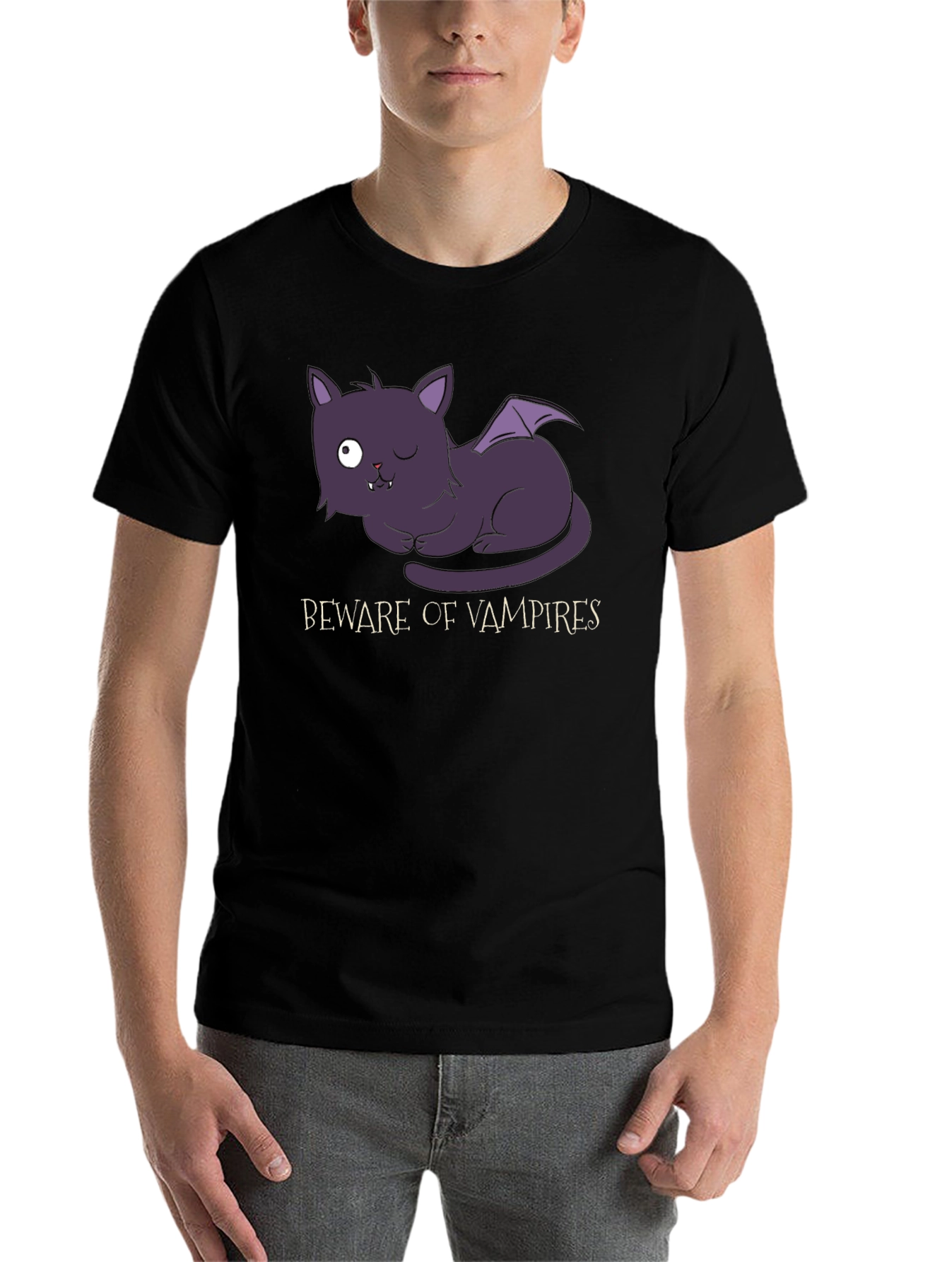 Black Beware of Vampires Cat T-Shirt - Halloween view 7