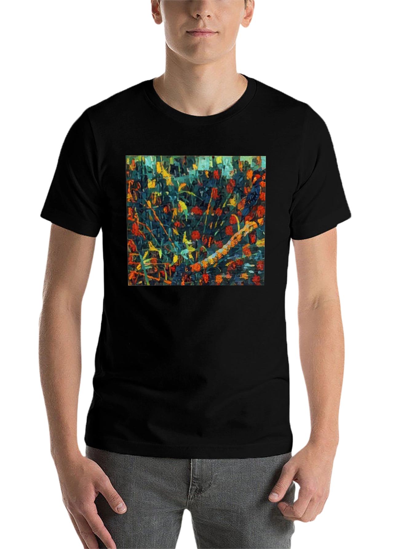 Black Abstract Floral Print Black T-Shirt view 7