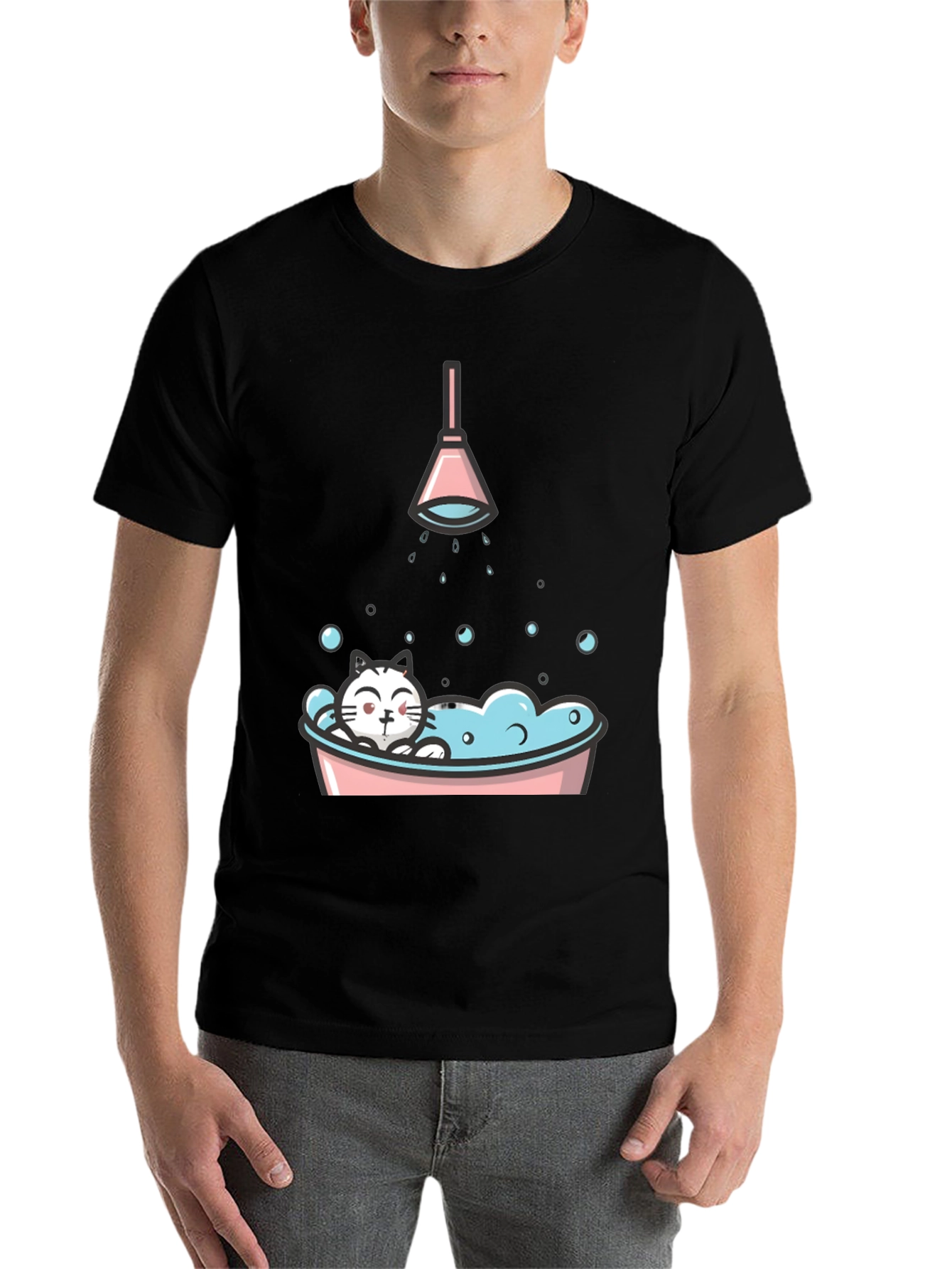 Black Cute Cat in Tub Graphic T-Shirt view 7