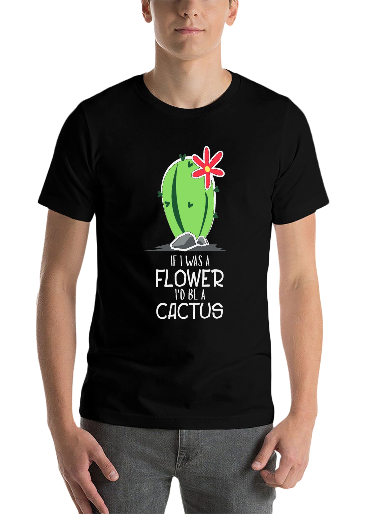Black Funny Cactus Graphic T-Shirt - If I Was A Flower view 7