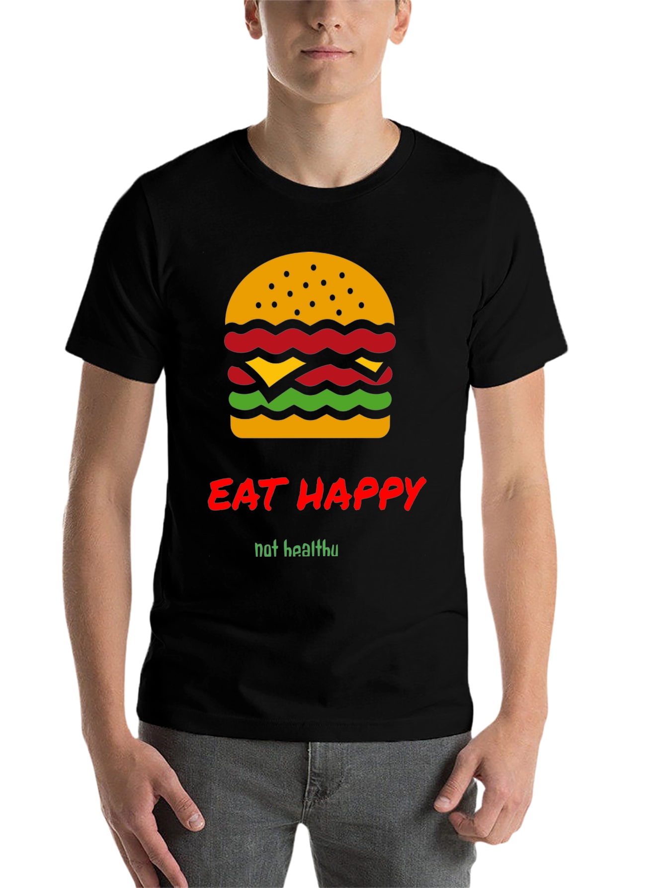 Black Eat Happy Burger Graphic Tee - Black Crew Neck T-Shirt view 7