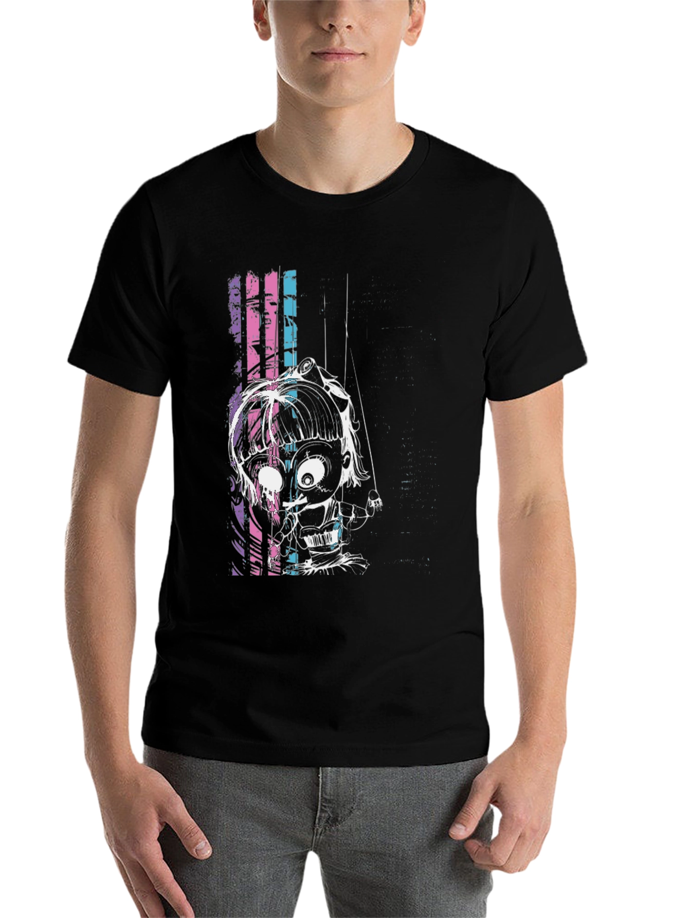 Black Creepy Puppet Graphic Tee - Unique Design view 7