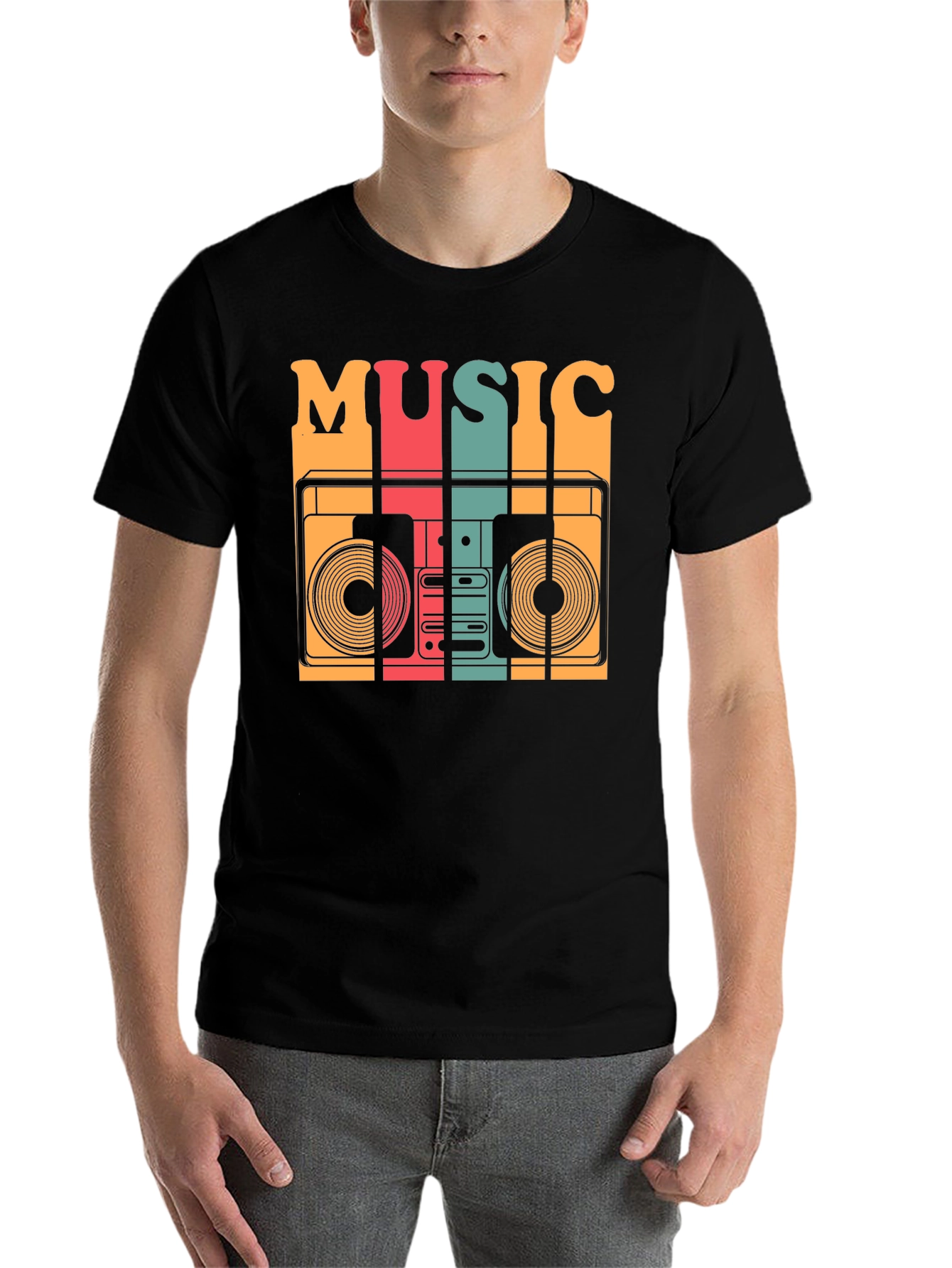 Black Retro Music T-Shirt - Vintage Boombox Design view 7