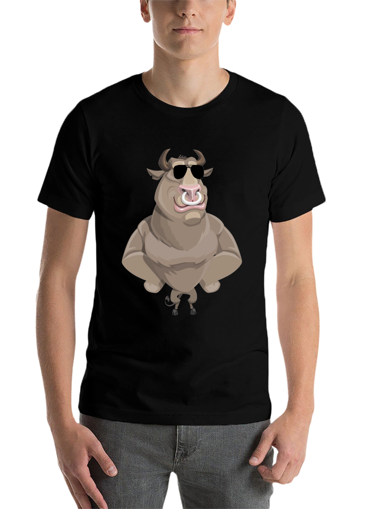 Black Cool Cartoon Bull Graphic Tee - Black view 7
