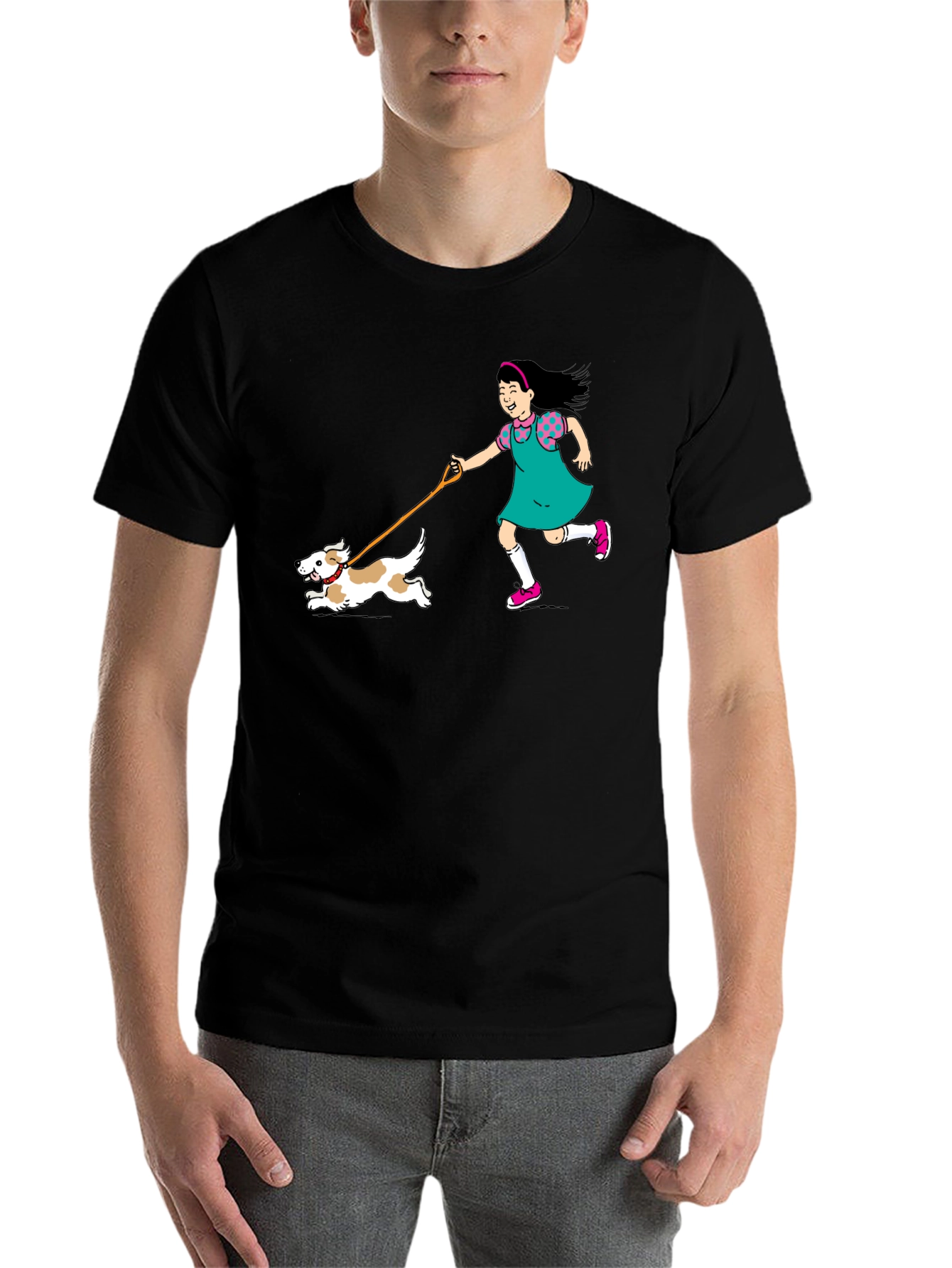 Black Girl Walking Dog Graphic Tee - Unisex Black T-Shirt view 7